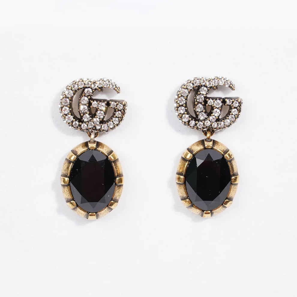 GUCCI CRYSTAL DOUBLE G BLACK AGED GOLD-TONE EARRINGS