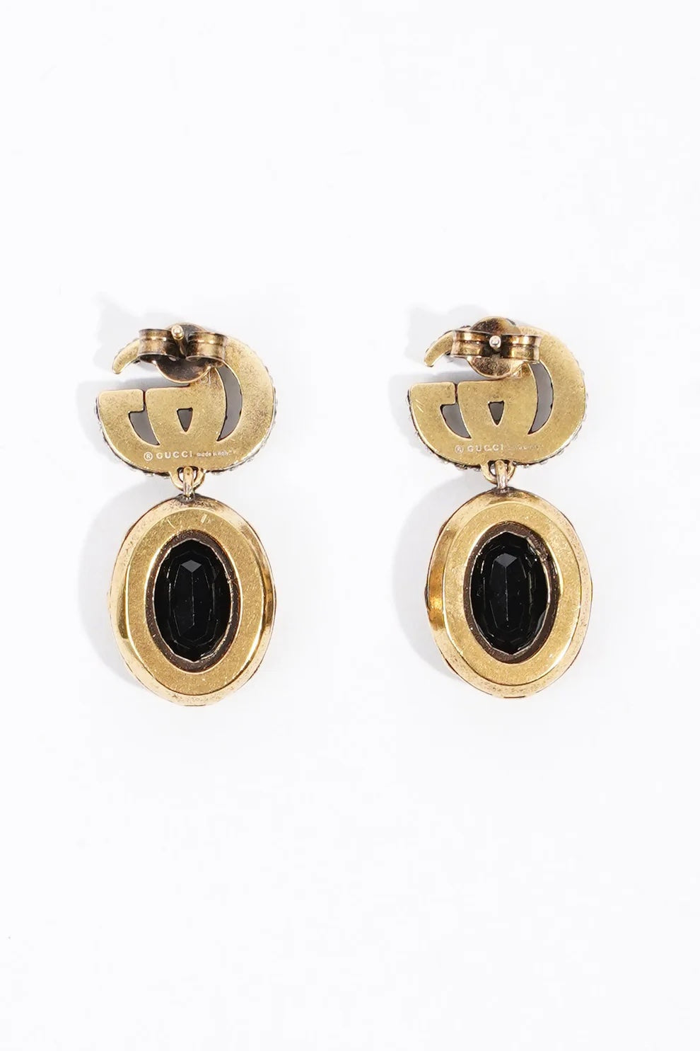 GUCCI CRYSTAL DOUBLE G BLACK AGED GOLD-TONE EARRINGS