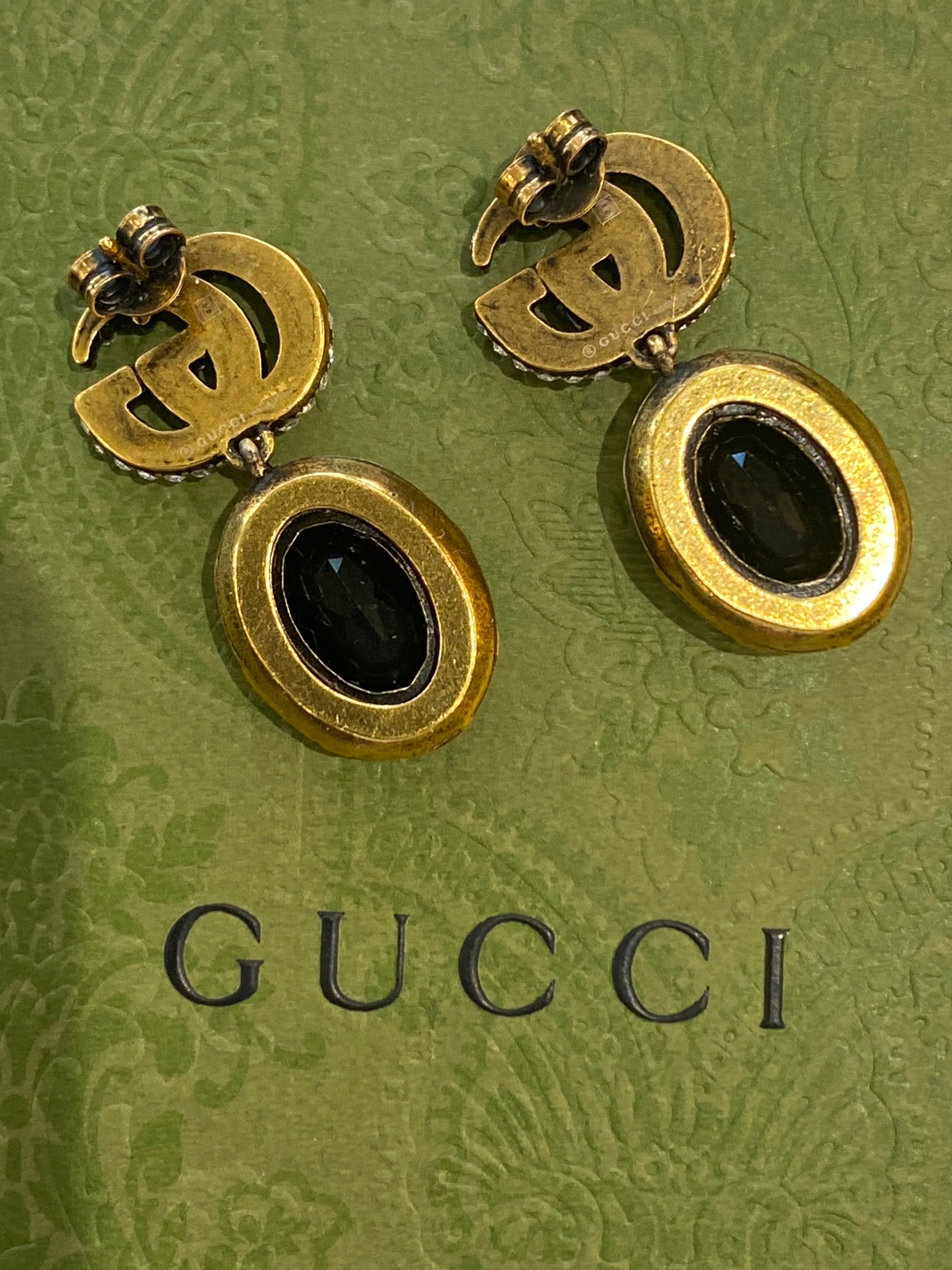 GUCCI CRYSTAL DOUBLE G BLACK AGED GOLD-TONE EARRINGS