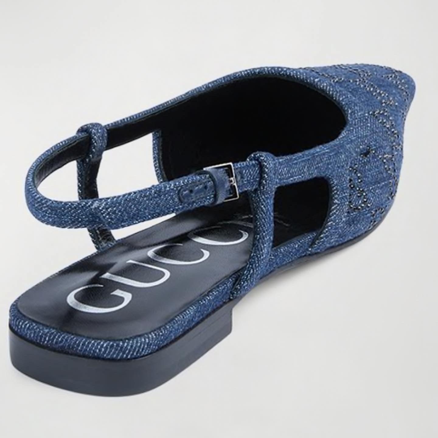 GUCCI DEMI CRYSTAL EMBELLISHED GG DENIM SLINGBACK BALLERINA FLATS