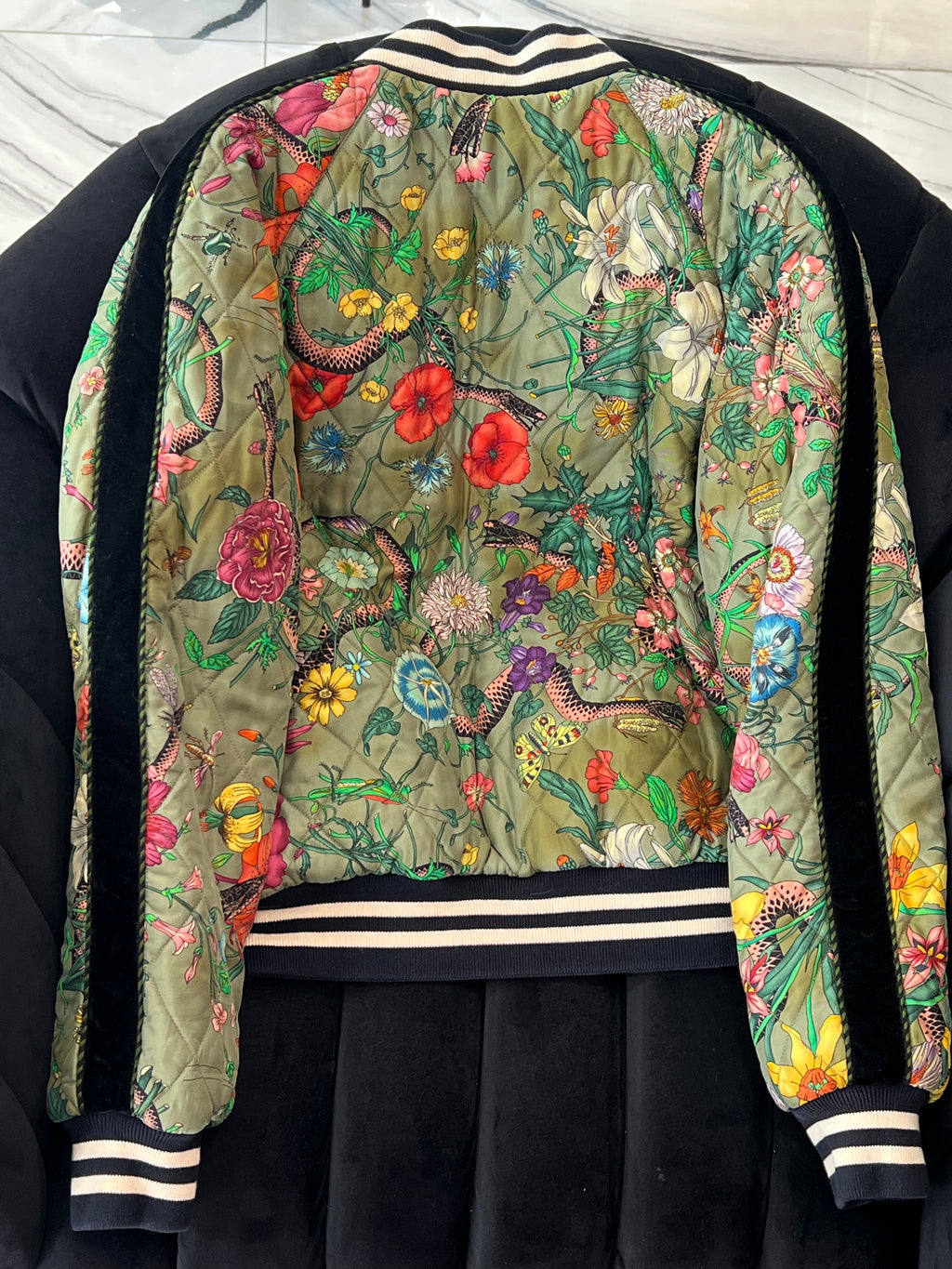 GUCCI FLORA SNAKE PRINT SILK REVERSIBLE BOMBER JACKET