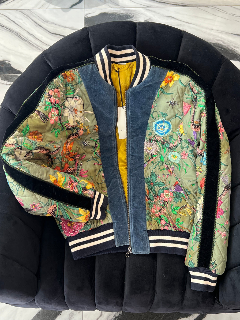 GUCCI FLORA SNAKE PRINT SILK REVERSIBLE BOMBER JACKET