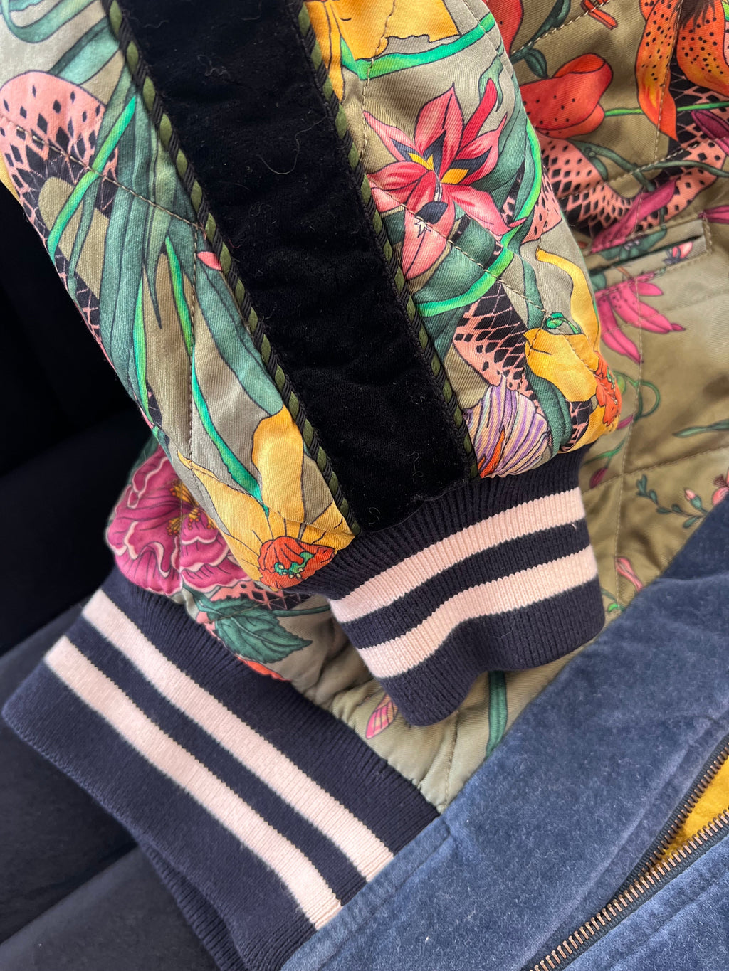 GUCCI FLORA SNAKE PRINT SILK REVERSIBLE BOMBER JACKET