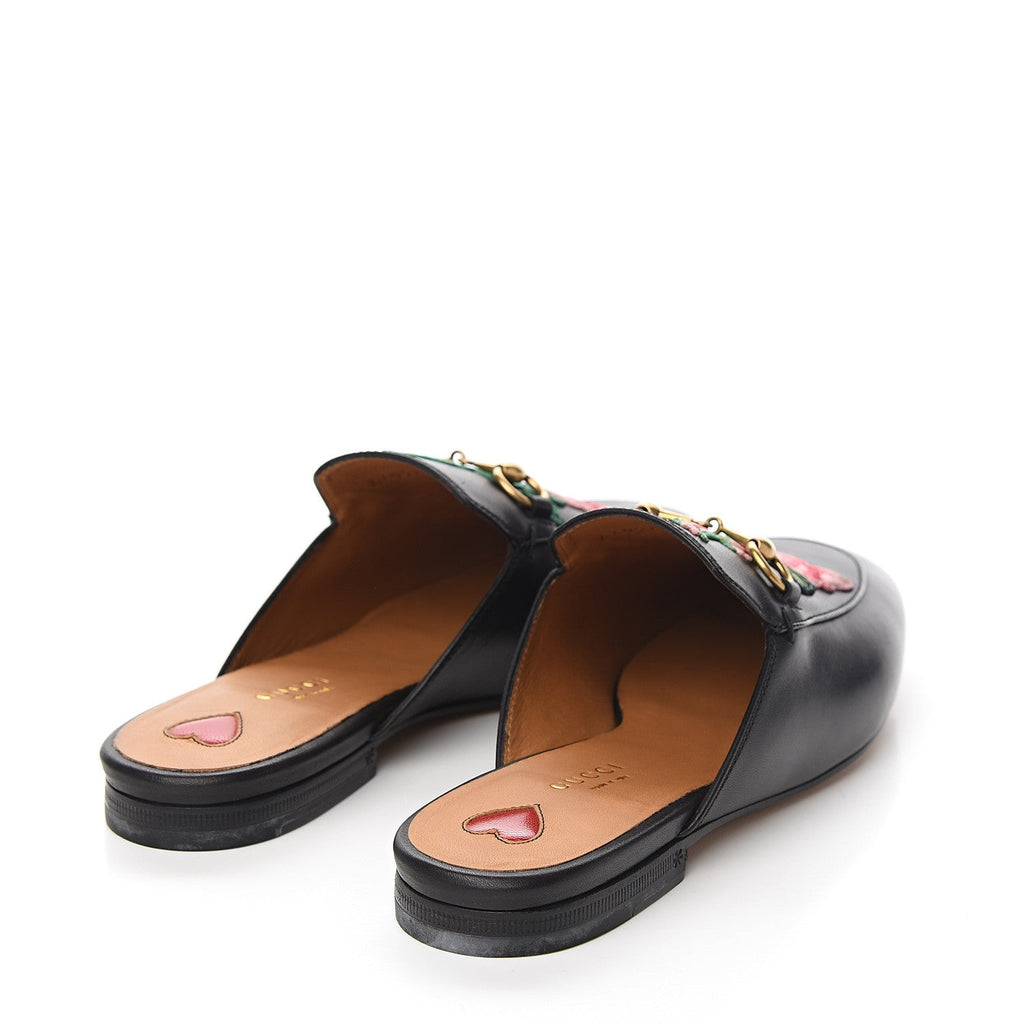 GUCCI FLORAL EMBROIDERED CALFSKIN PRINCETOWN HORSEBIT MULES