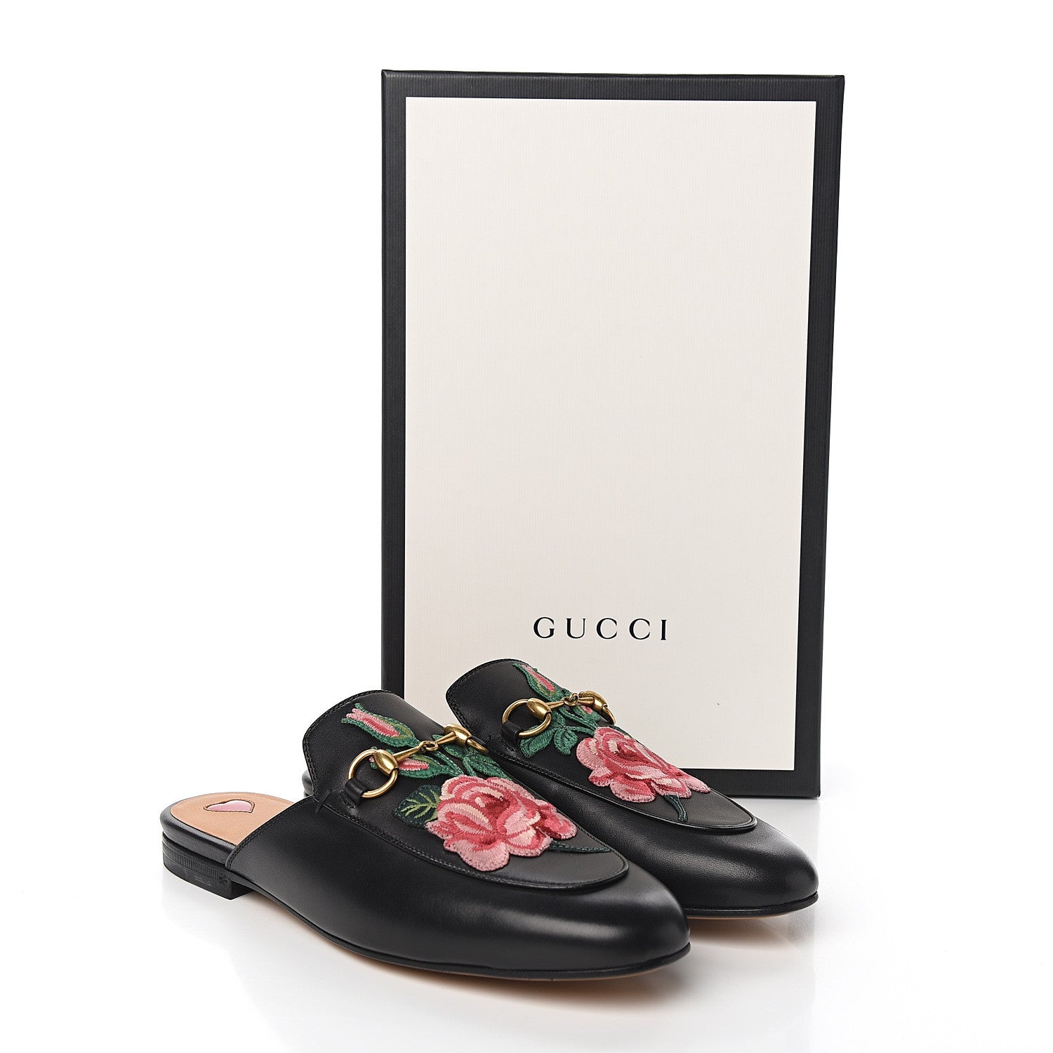 GUCCI FLORAL EMBROIDERED CALFSKIN PRINCETOWN HORSEBIT MULES