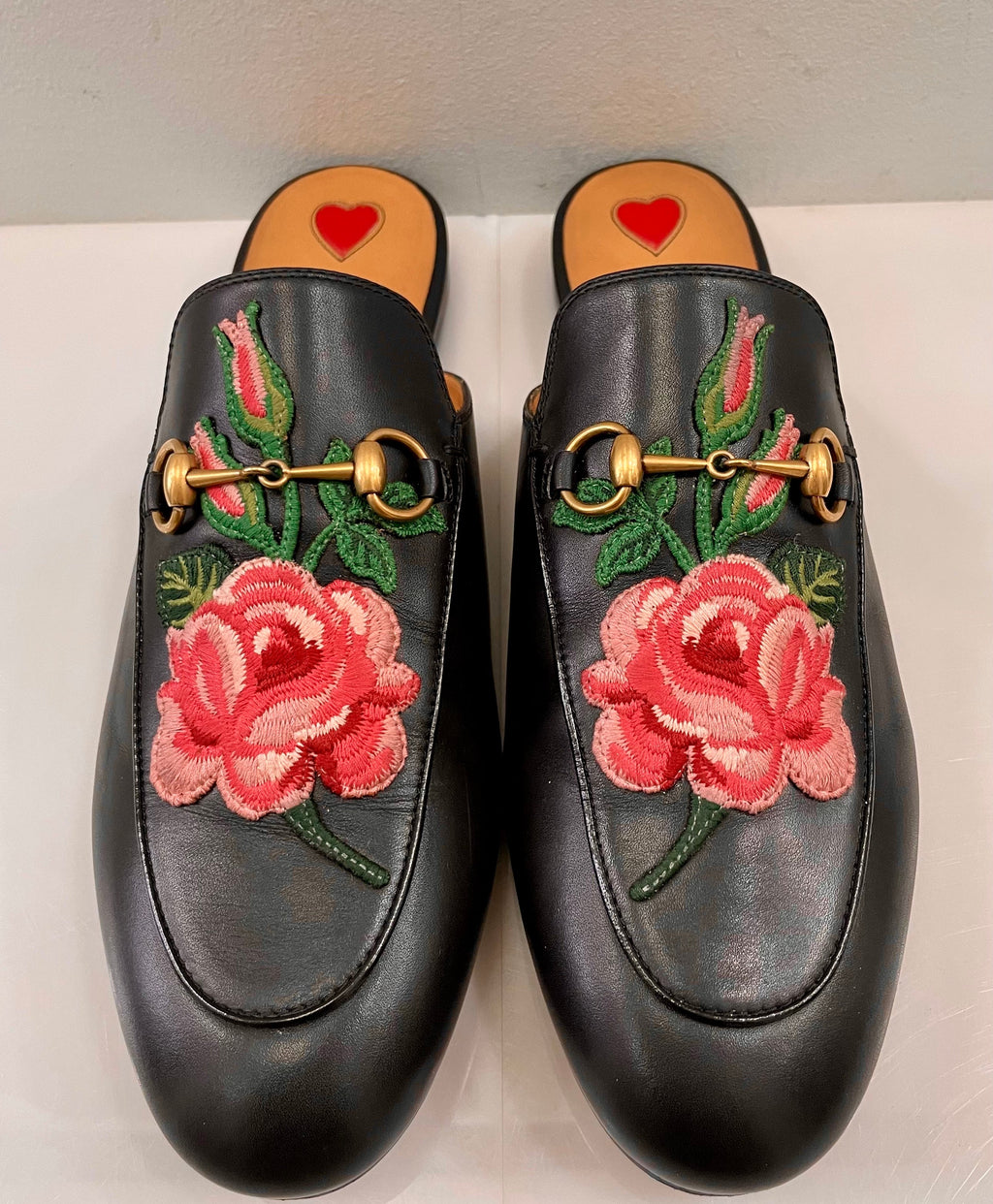 GUCCI FLORAL EMBROIDERED CALFSKIN PRINCETOWN HORSEBIT MULES