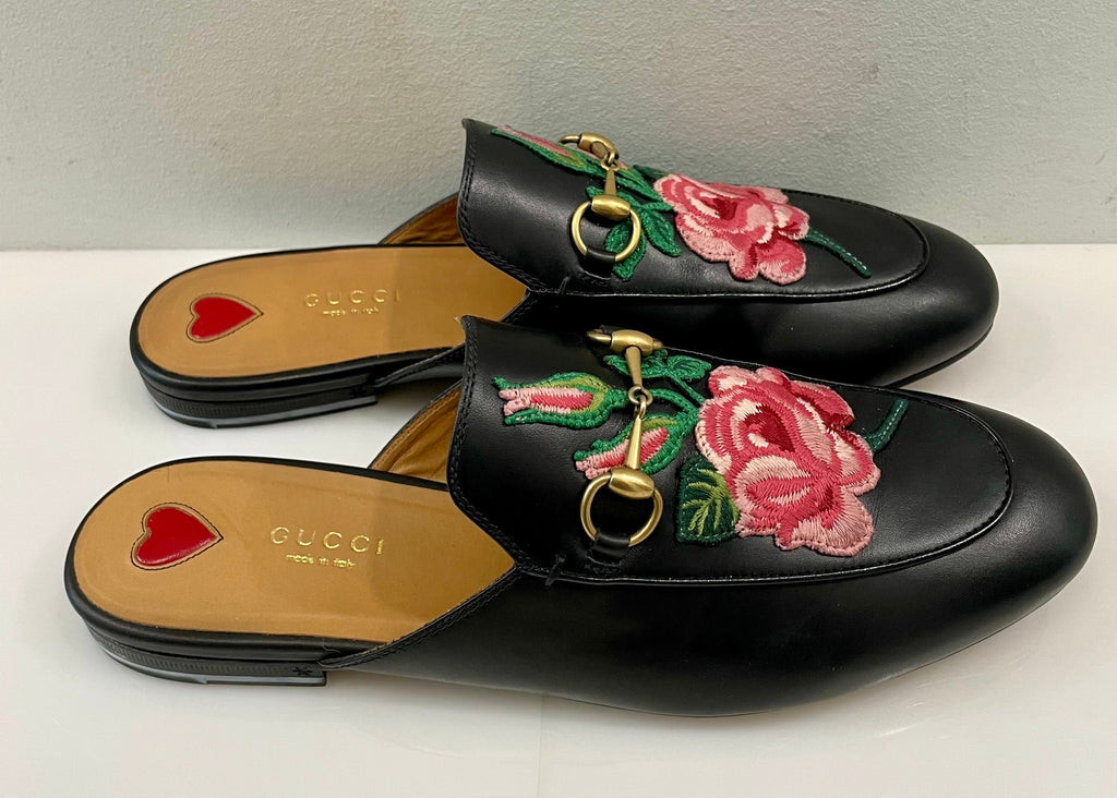 GUCCI FLORAL EMBROIDERED CALFSKIN PRINCETOWN HORSEBIT MULES