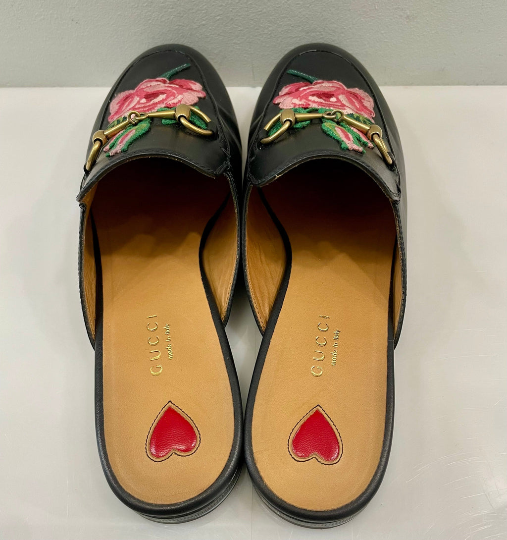 GUCCI FLORAL EMBROIDERED CALFSKIN PRINCETOWN HORSEBIT MULES