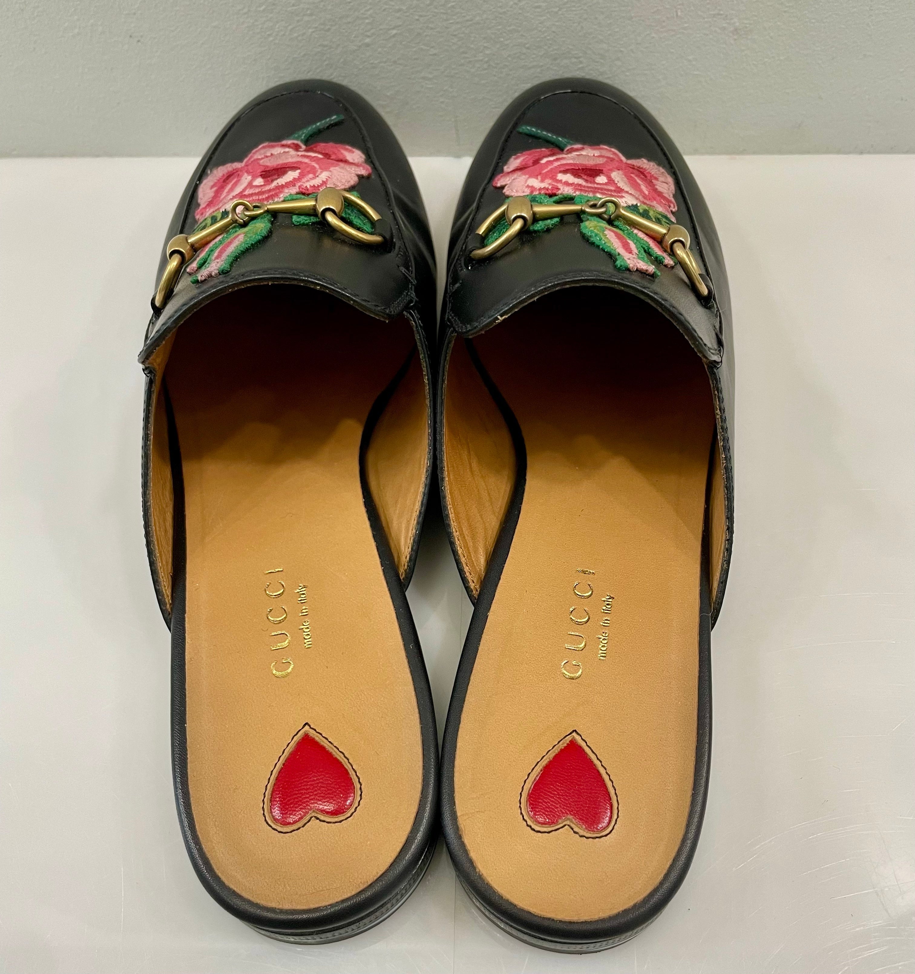 GUCCI FLORAL EMBROIDERED CALFSKIN PRINCETOWN HORSEBIT MULES