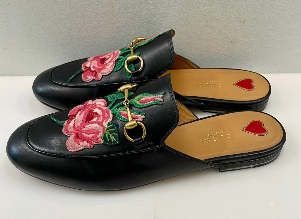 GUCCI FLORAL EMBROIDERED CALFSKIN PRINCETOWN HORSEBIT MULES