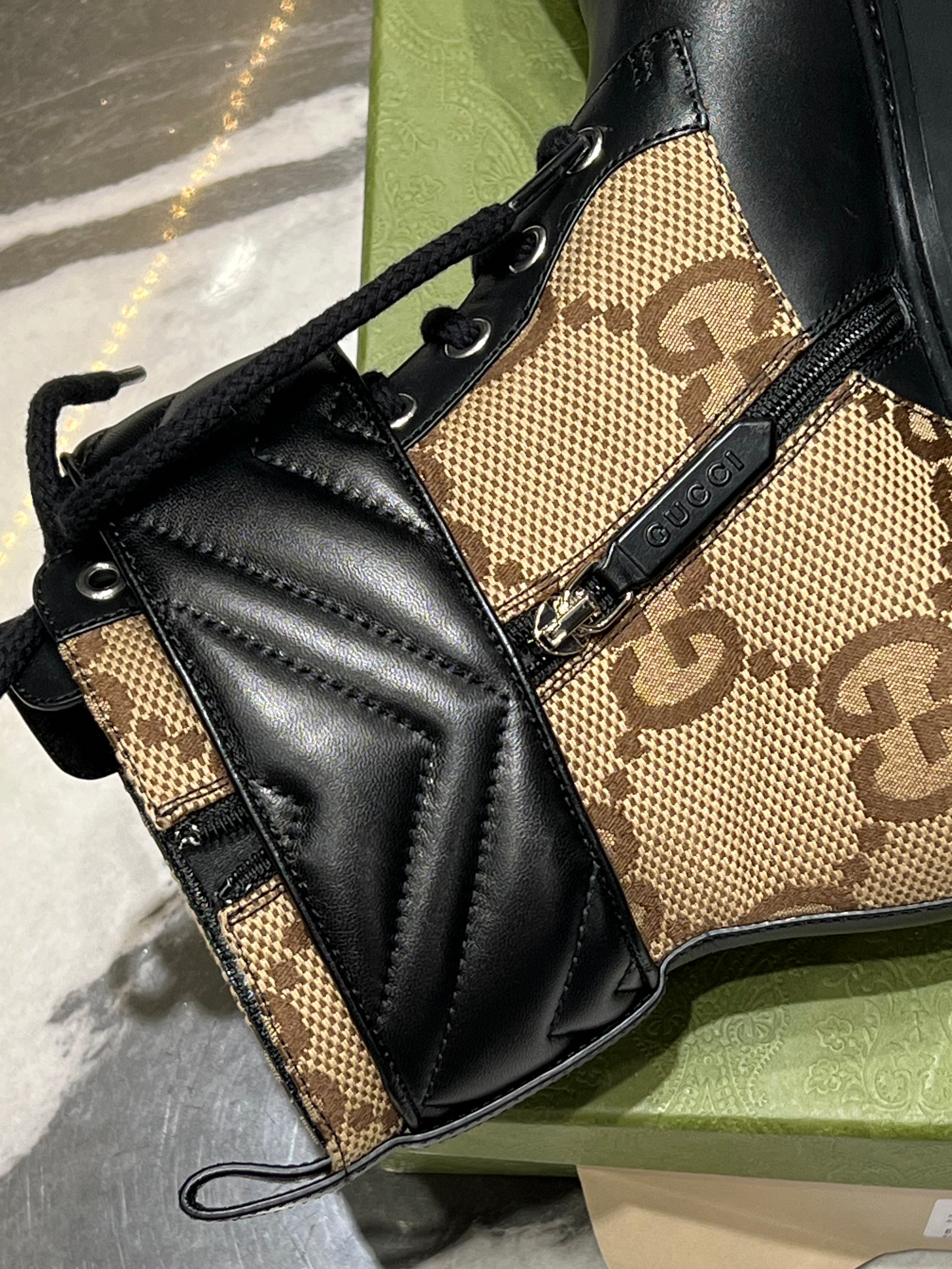 GUCCI FLORES CALFSKIN MONOGRAM MAXI GG ANKLE BOOTS