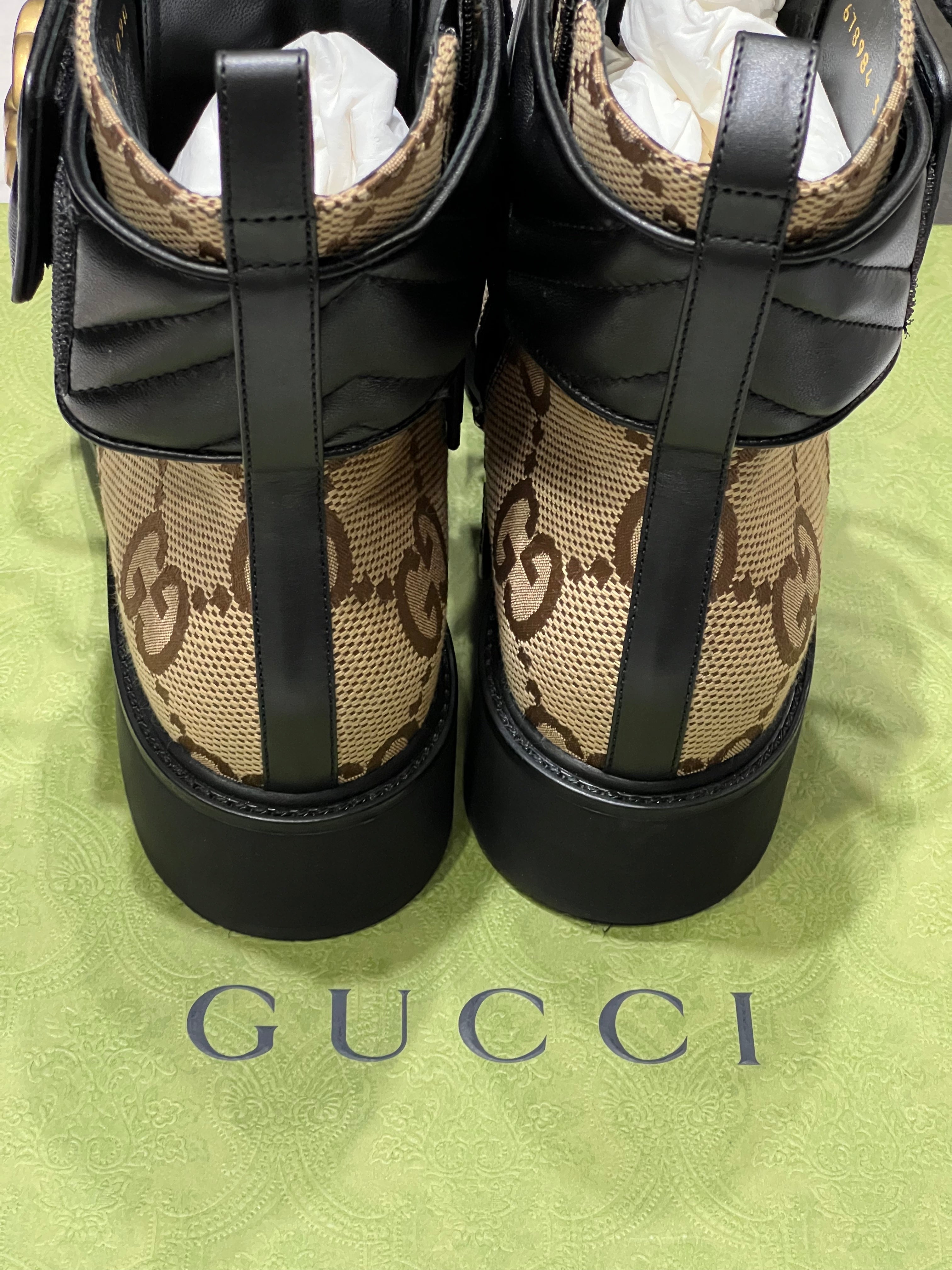 GUCCI FLORES CALFSKIN MONOGRAM MAXI GG ANKLE BOOTS