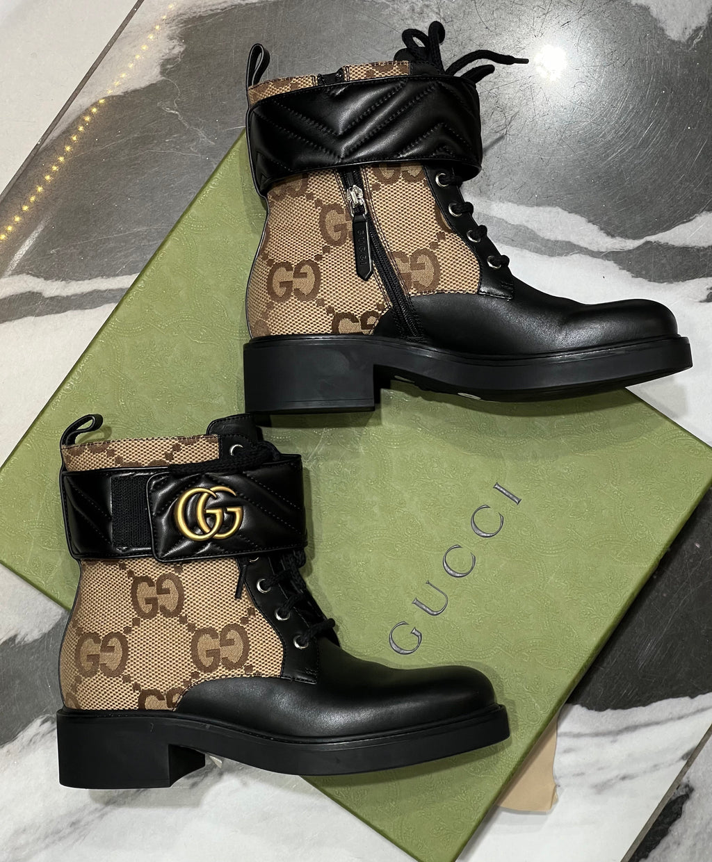 GUCCI FLORES CALFSKIN MONOGRAM MAXI GG ANKLE BOOTS