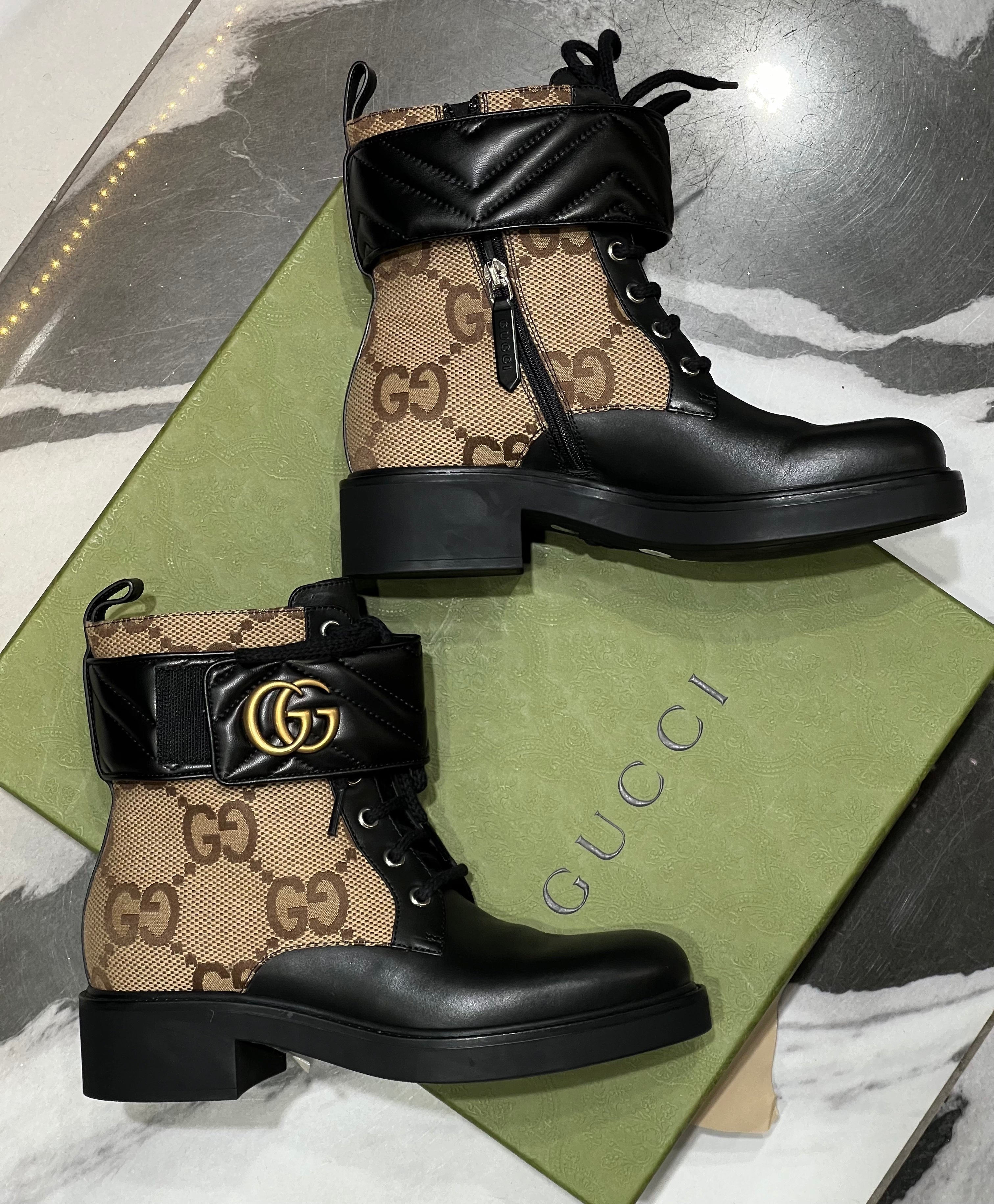 GUCCI FLORES CALFSKIN MONOGRAM MAXI GG ANKLE BOOTS