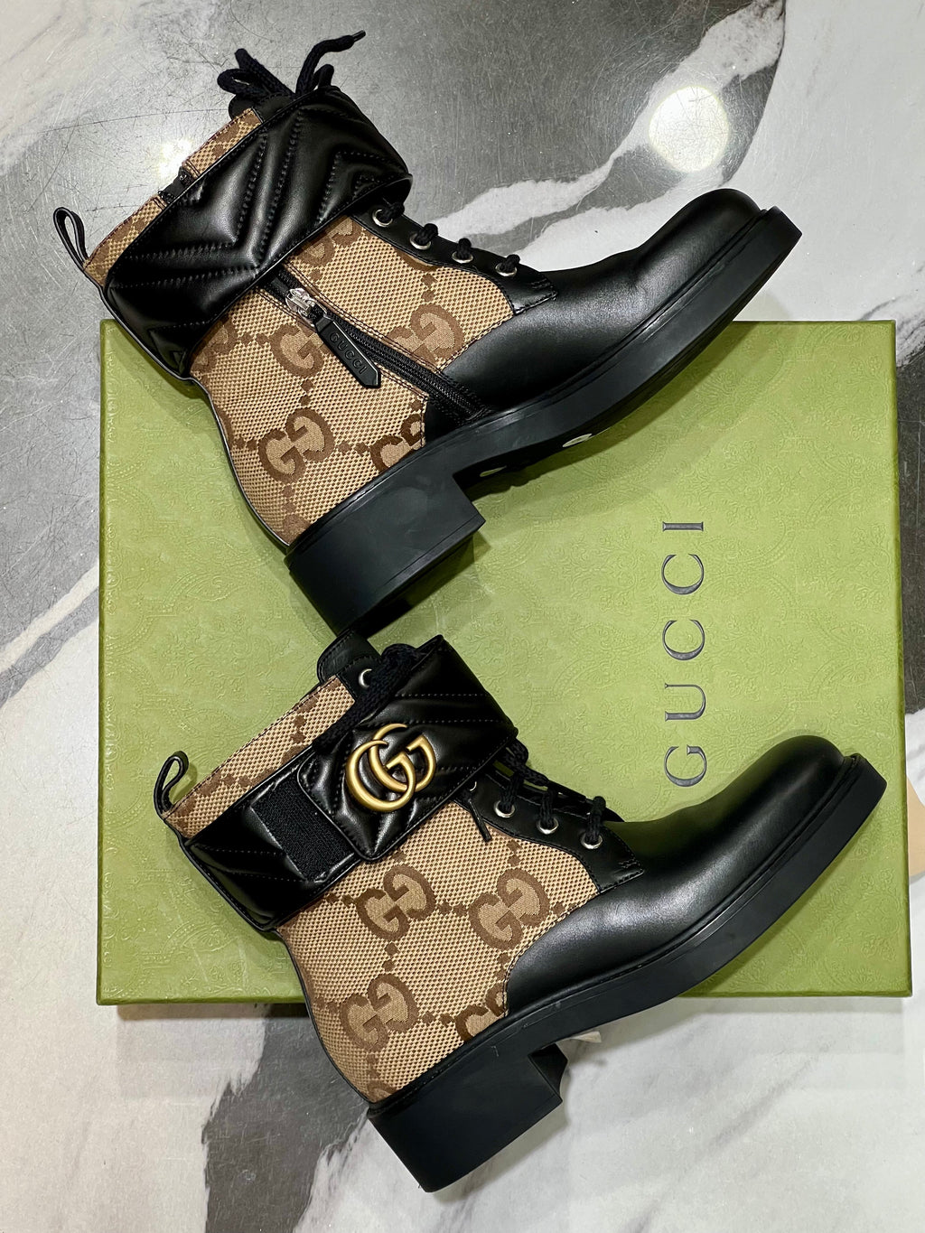 GUCCI FLORES CALFSKIN MONOGRAM MAXI GG ANKLE BOOTS