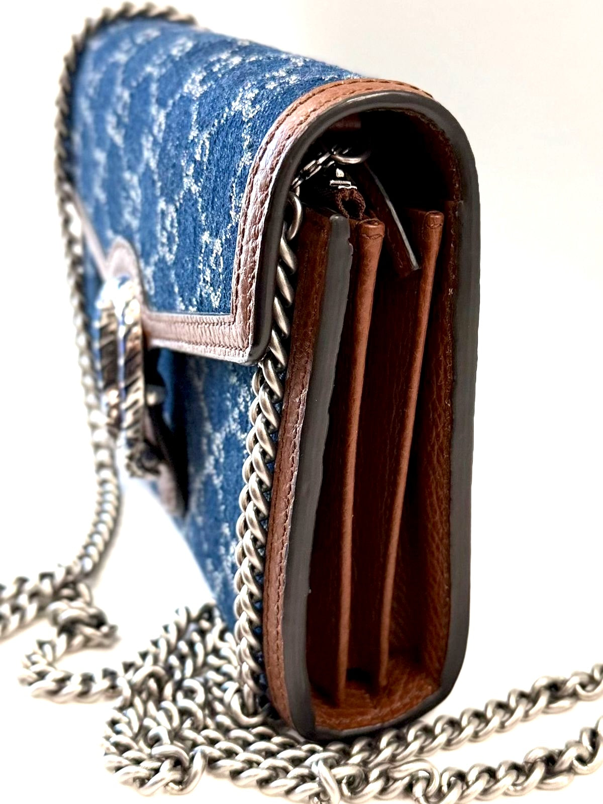 GUCCI GG MARMONT DIONYSUS DENIM WALLET ON A CHAIN
