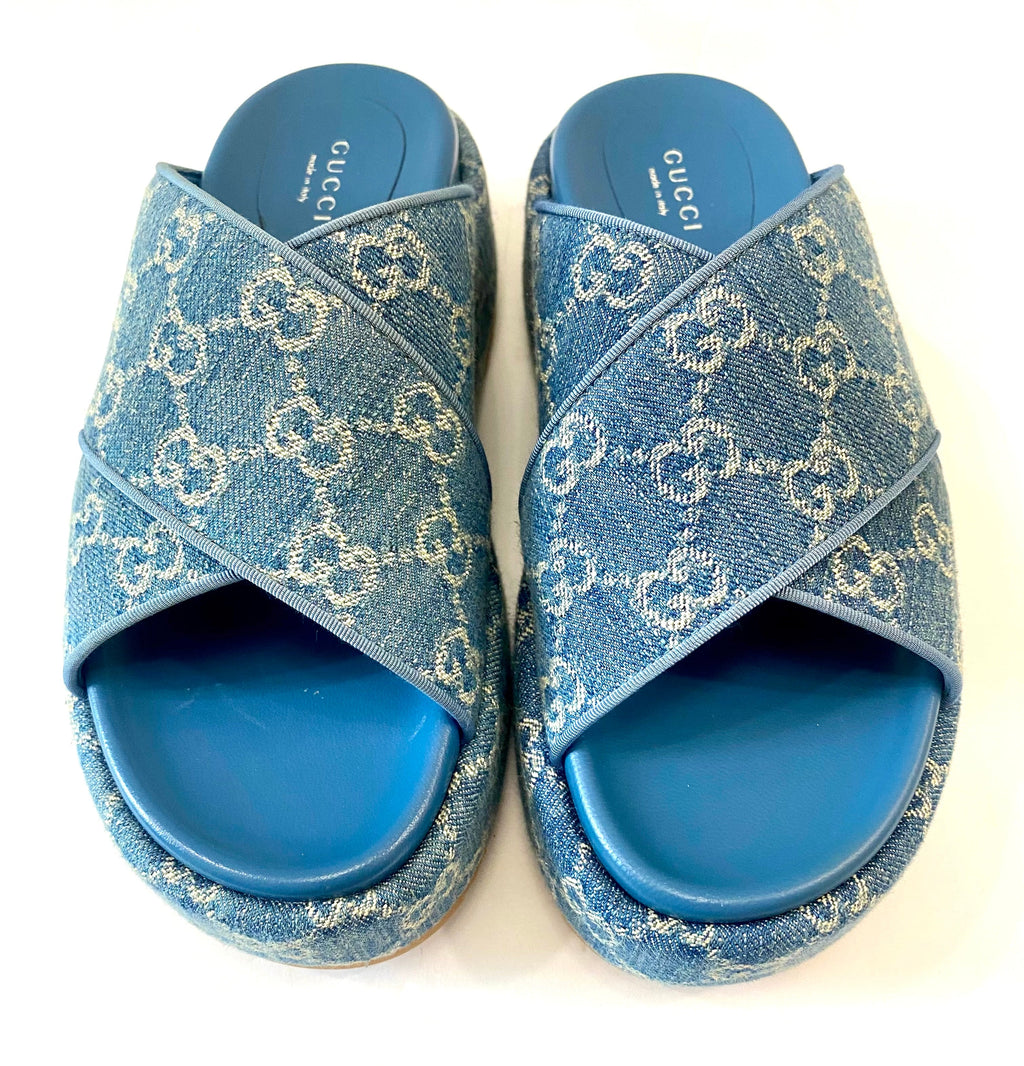 GUCCI GG MONOGRAM ANGELINA DENIM PLATFORM MULES