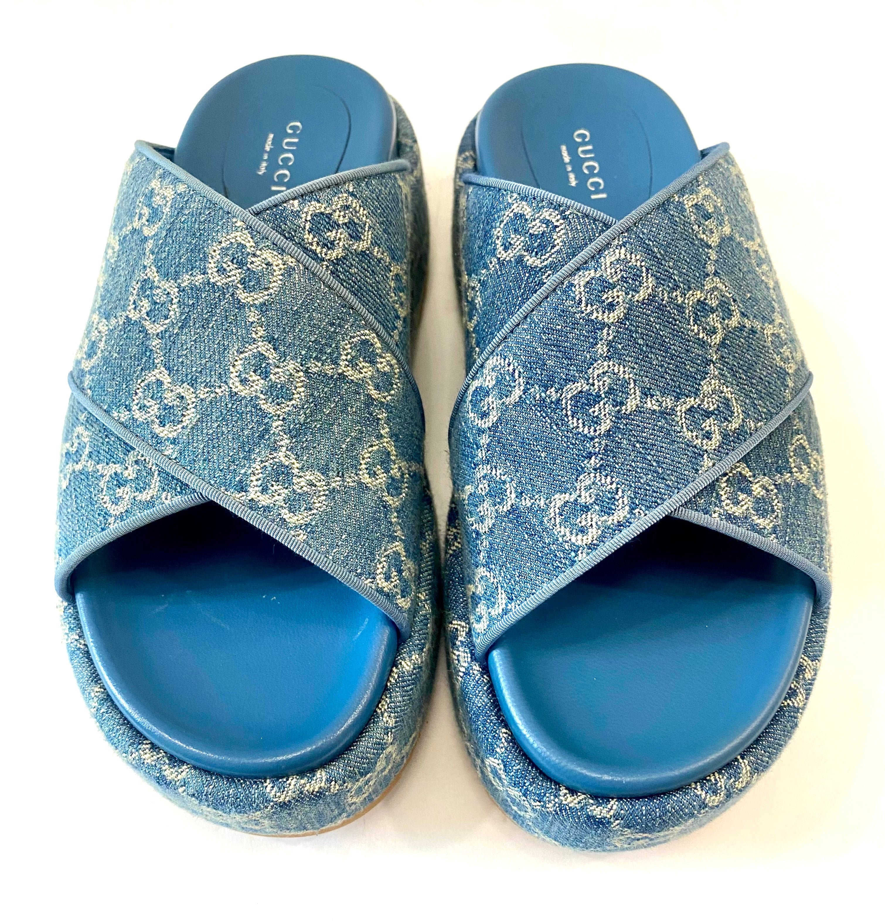GUCCI GG MONOGRAM ANGELINA DENIM PLATFORM MULES
