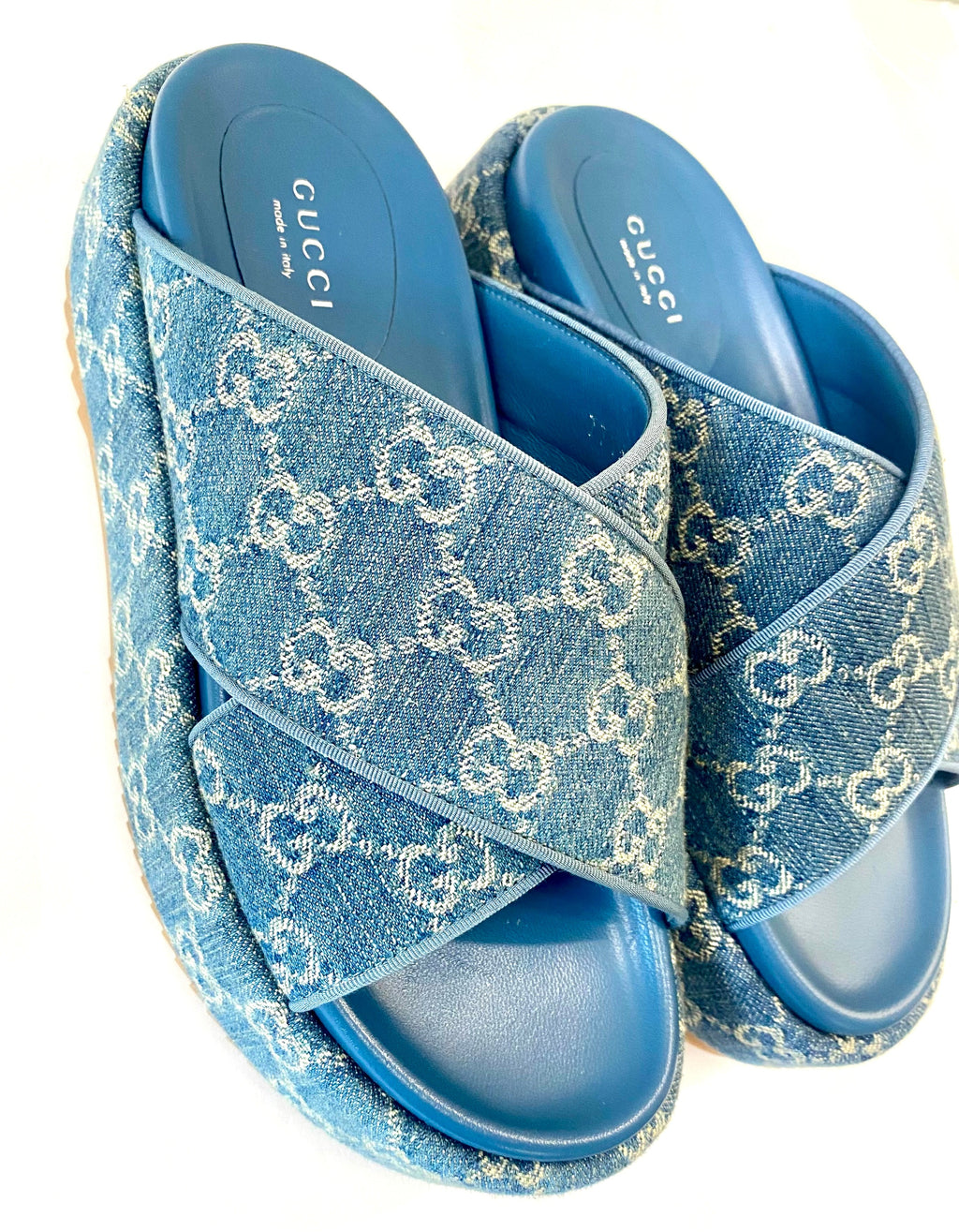 GUCCI GG MONOGRAM ANGELINA DENIM PLATFORM MULES