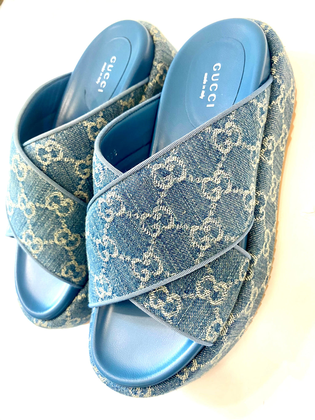 GUCCI GG MONOGRAM ANGELINA DENIM PLATFORM MULES