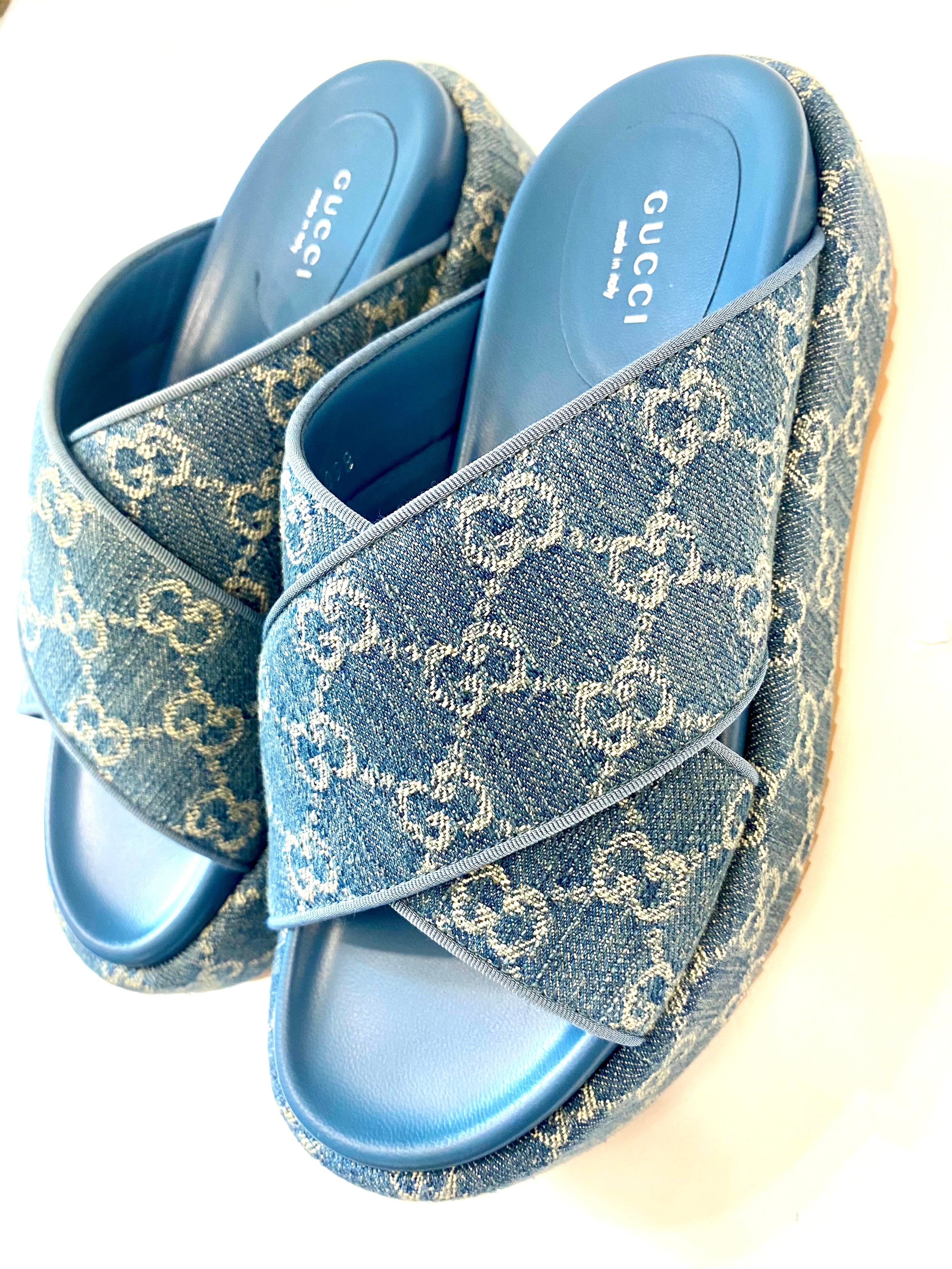 GUCCI GG MONOGRAM ANGELINA DENIM PLATFORM MULES