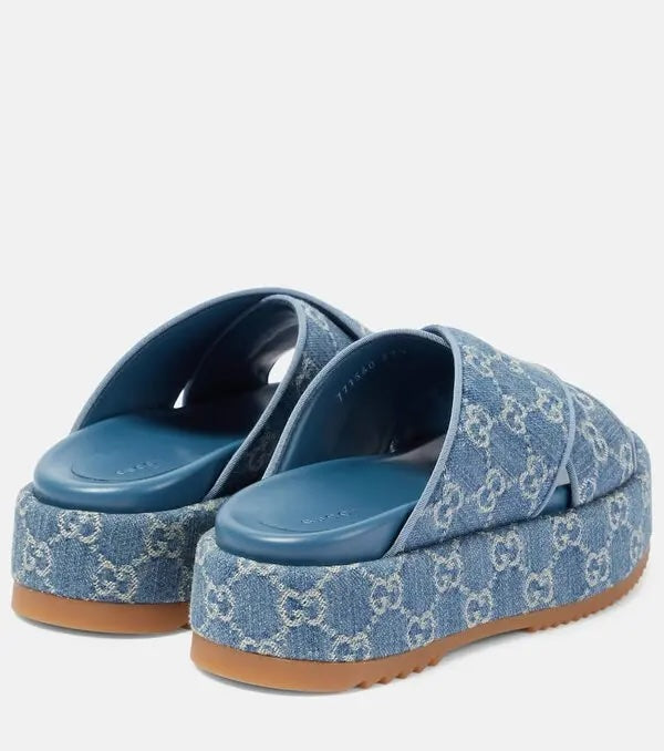 GUCCI GG MONOGRAM ANGELINA DENIM PLATFORM MULES
