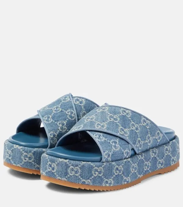 GUCCI GG MONOGRAM ANGELINA DENIM PLATFORM MULES