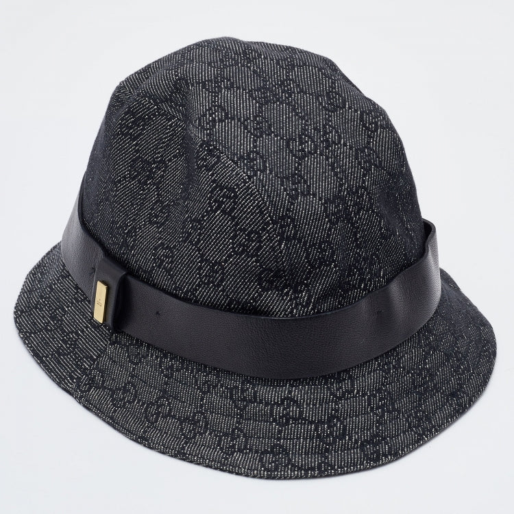 GUCCI GG MONOGRAM BLACK DENIM LEATHER TRIM BUCKET HAT