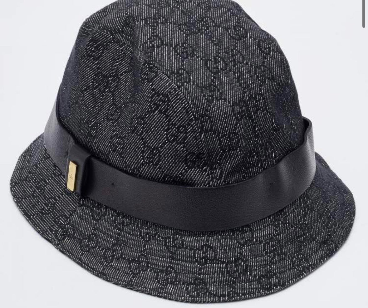 GUCCI GG MONOGRAM BLACK DENIM LEATHER TRIM BUCKET HAT