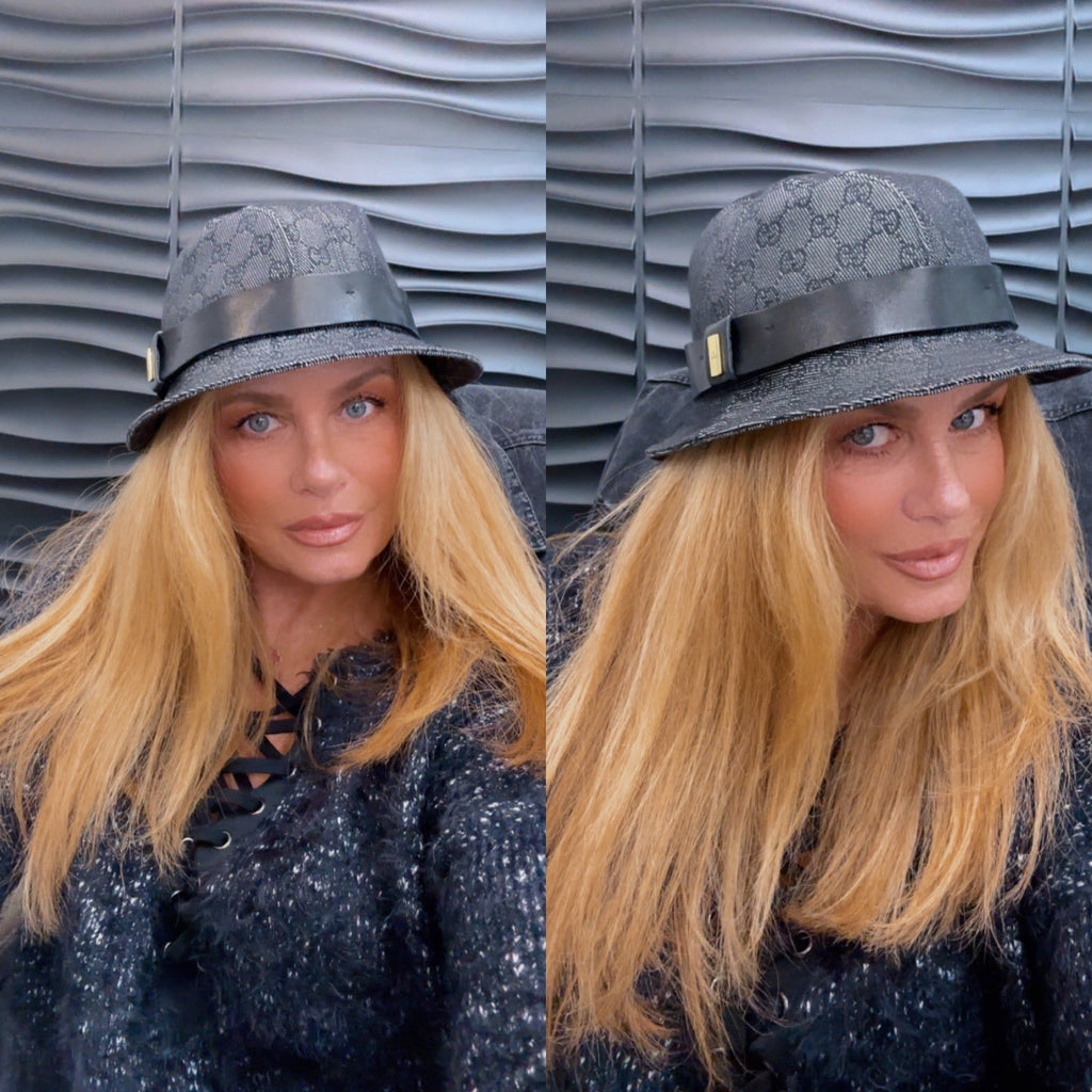 GUCCI GG MONOGRAM BLACK DENIM LEATHER TRIM BUCKET HAT
