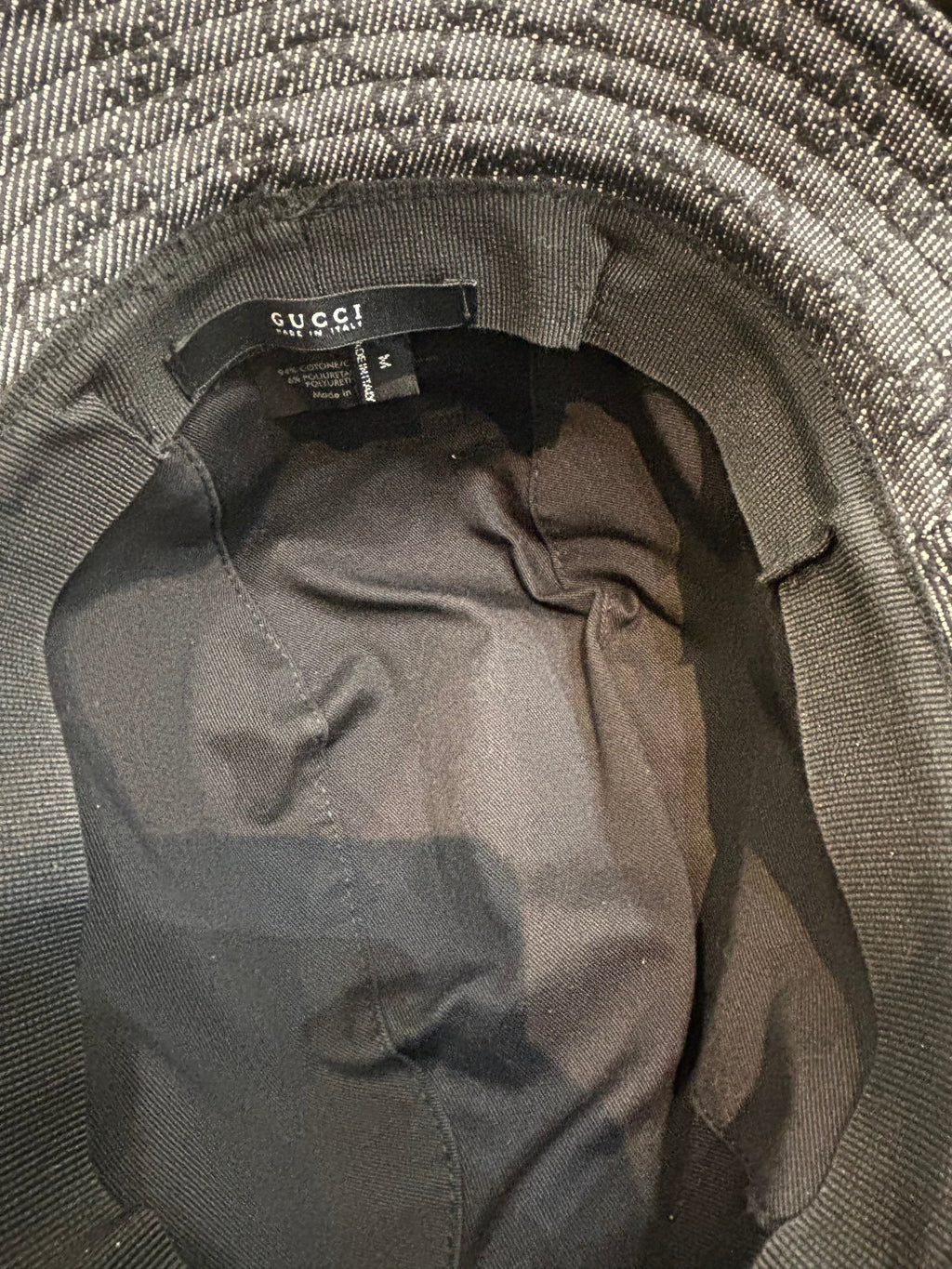 GUCCI GG MONOGRAM BLACK DENIM LEATHER TRIM BUCKET HAT
