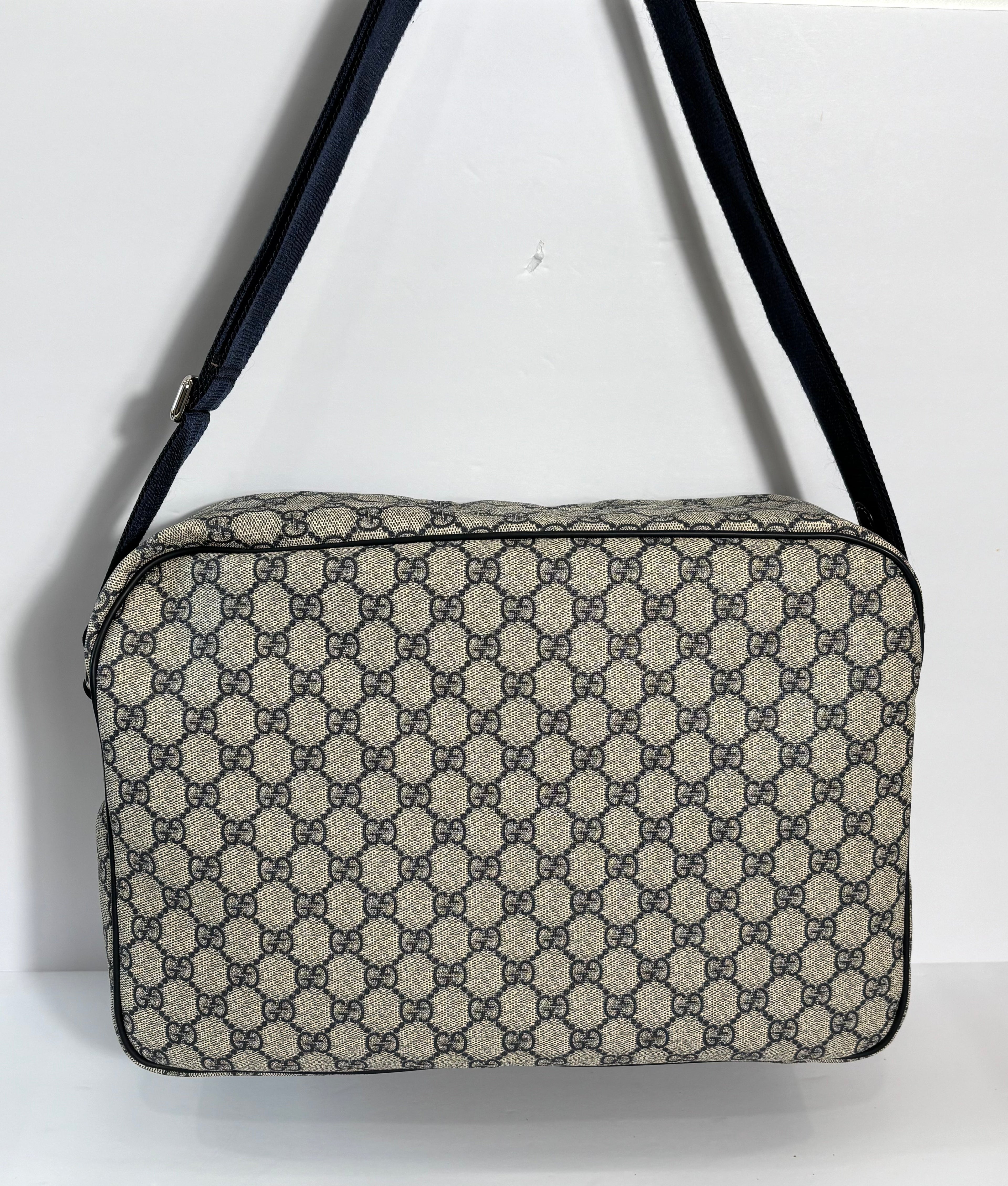 GUCCI GG PLUS MONOGRAM COATED CANVAS MESSENGER BAG NAVY
