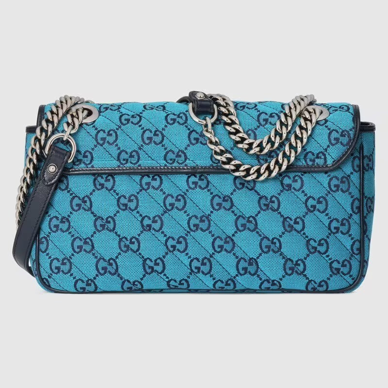 GUCCI GG MARMONT MATELASSE BLUE PRINTED CANVAS SHOULDER BAG