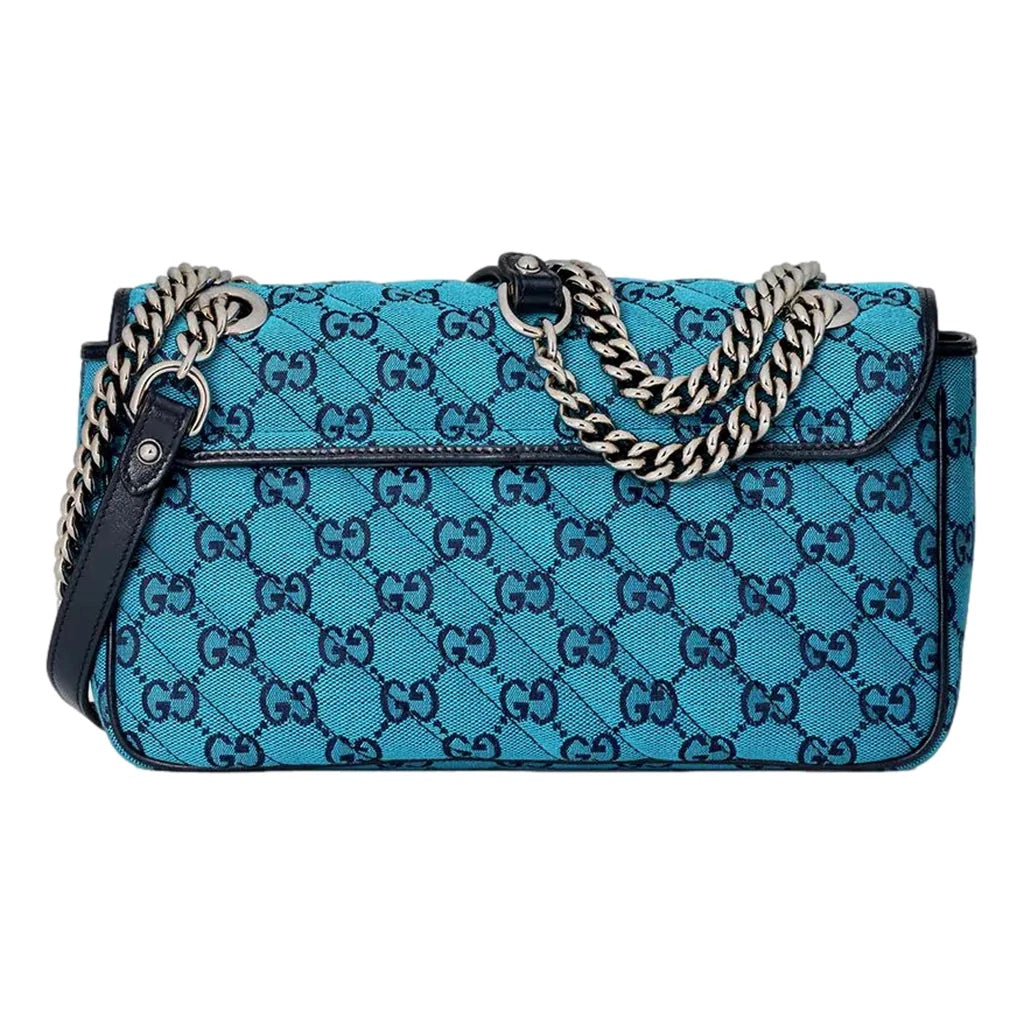 GUCCI GG MARMONT MATELASSE BLUE PRINTED CANVAS SHOULDER BAG