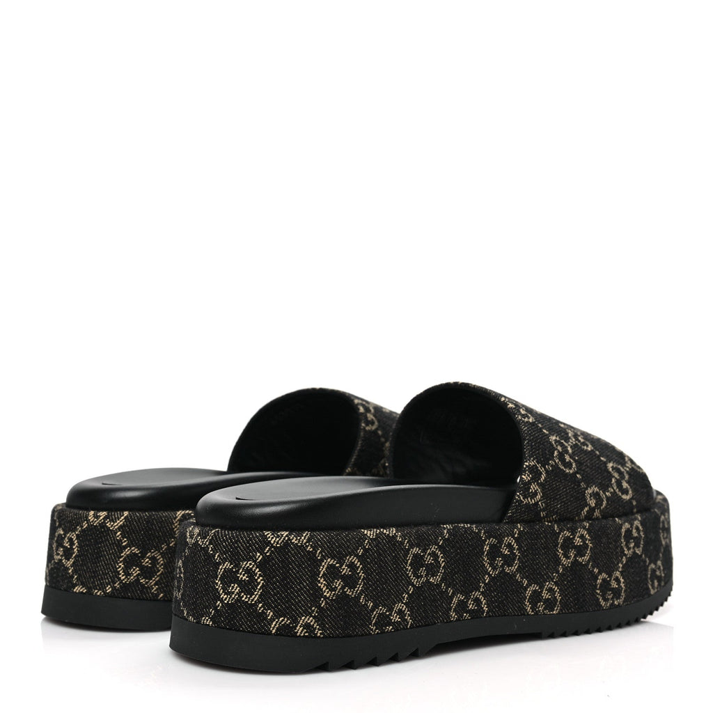 GUCCI GG SUPREME BLACK DENIM MONOGRAM ANGELINA PLATFORM SLIDES