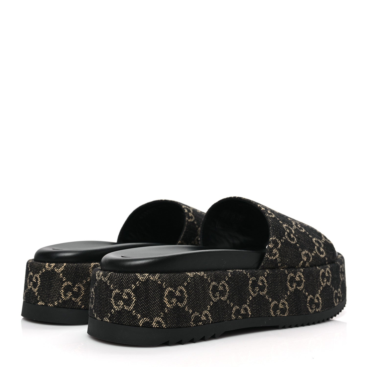GUCCI GG SUPREME BLACK DENIM MONOGRAM ANGELINA PLATFORM SLIDES