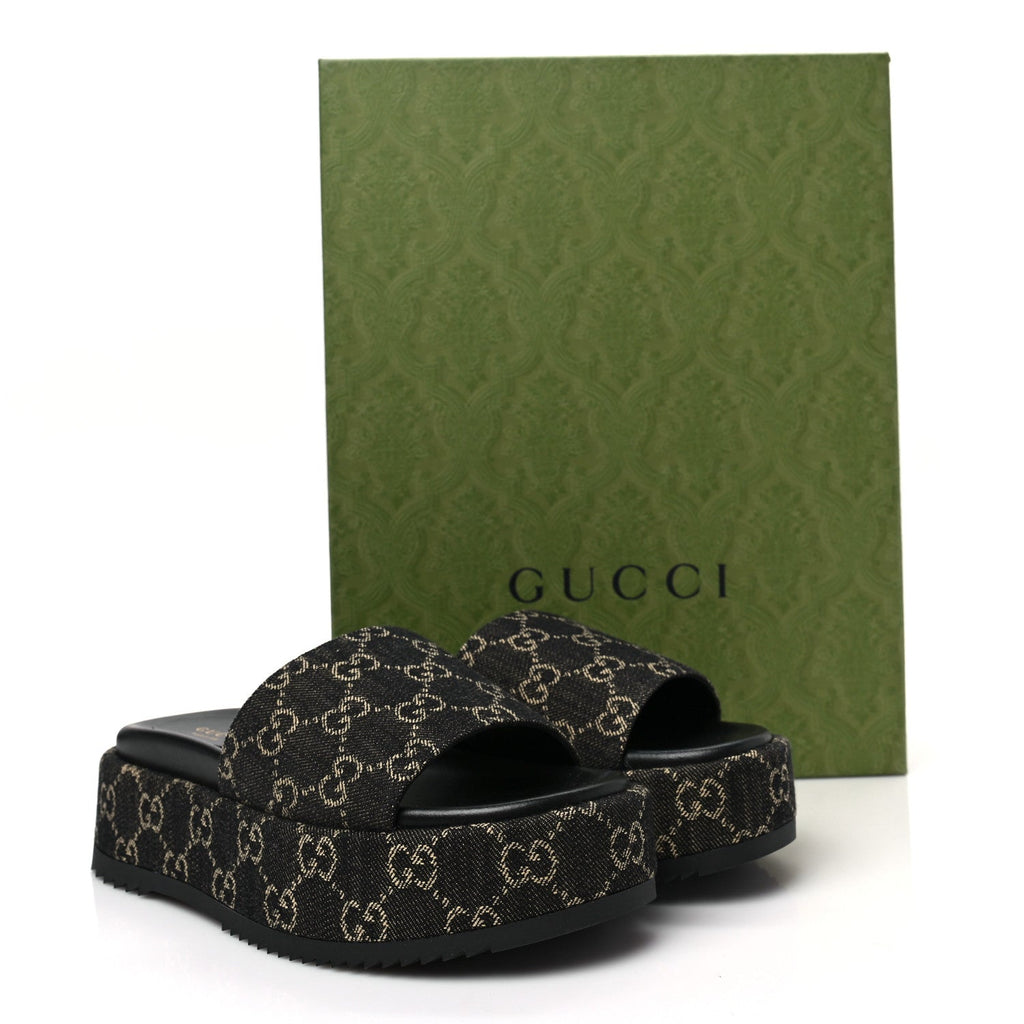 GUCCI GG SUPREME BLACK DENIM MONOGRAM ANGELINA PLATFORM SLIDES