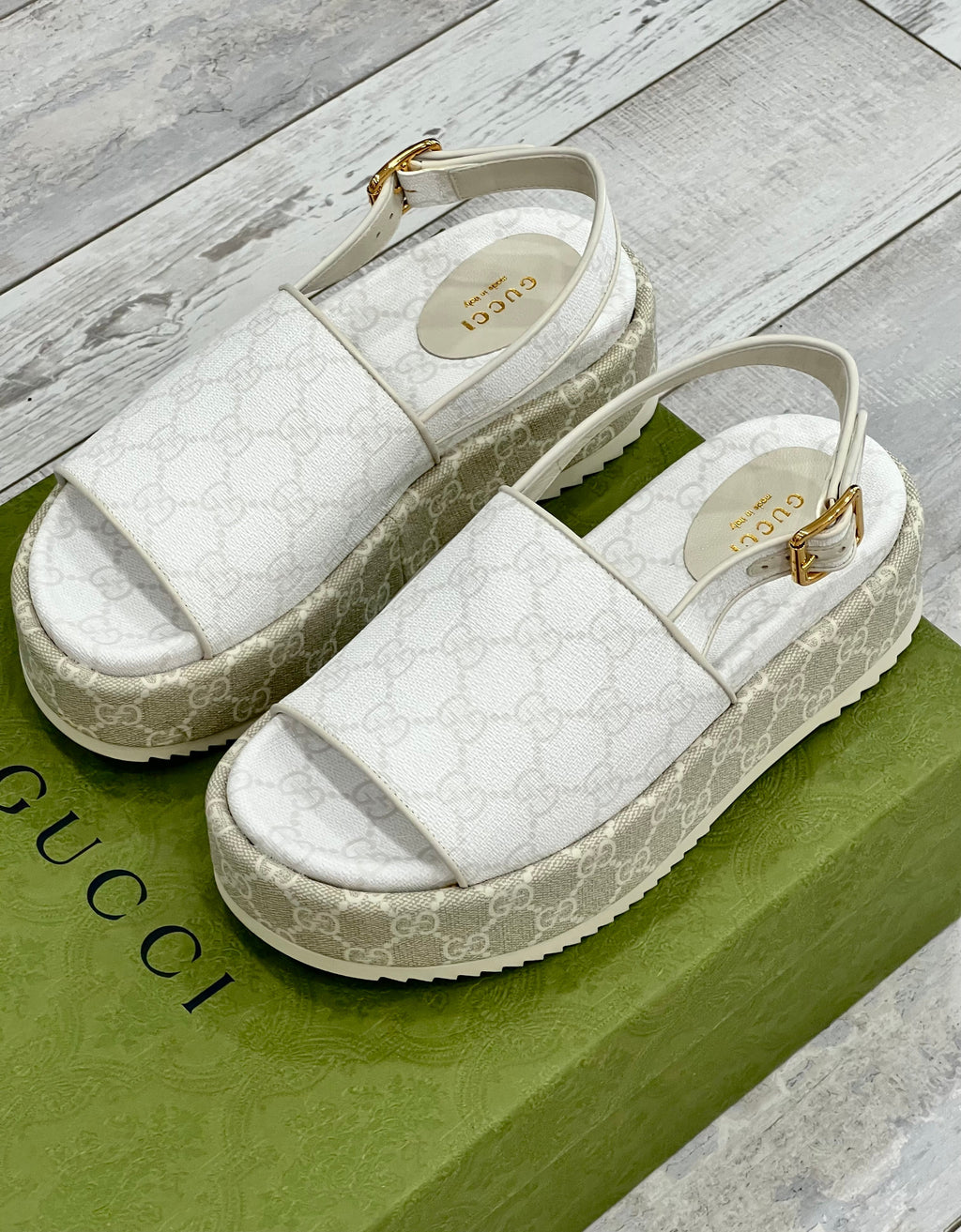 GUCCI GG SUPREME MONOGRAM ANGELINA PLATFORM SLINGBACK SANDALS