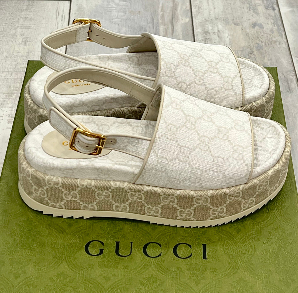 GUCCI GG SUPREME MONOGRAM ANGELINA PLATFORM SLINGBACK SANDALS