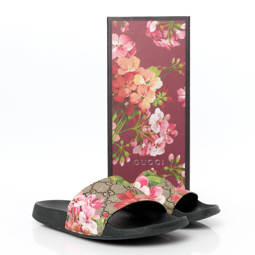 GUCCI GG SUPREME MONOGRAM BLOOMS SLIDE MULES