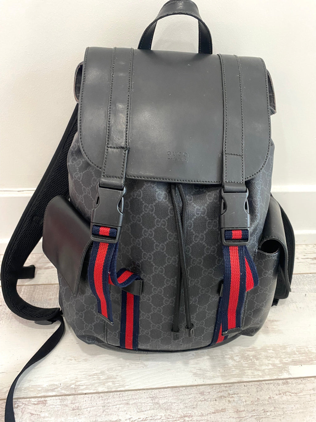 GUCCI GG SUPREME MONOGRAM CALFSKIN WEB DOUBLE BUCKLE BACKPACK
