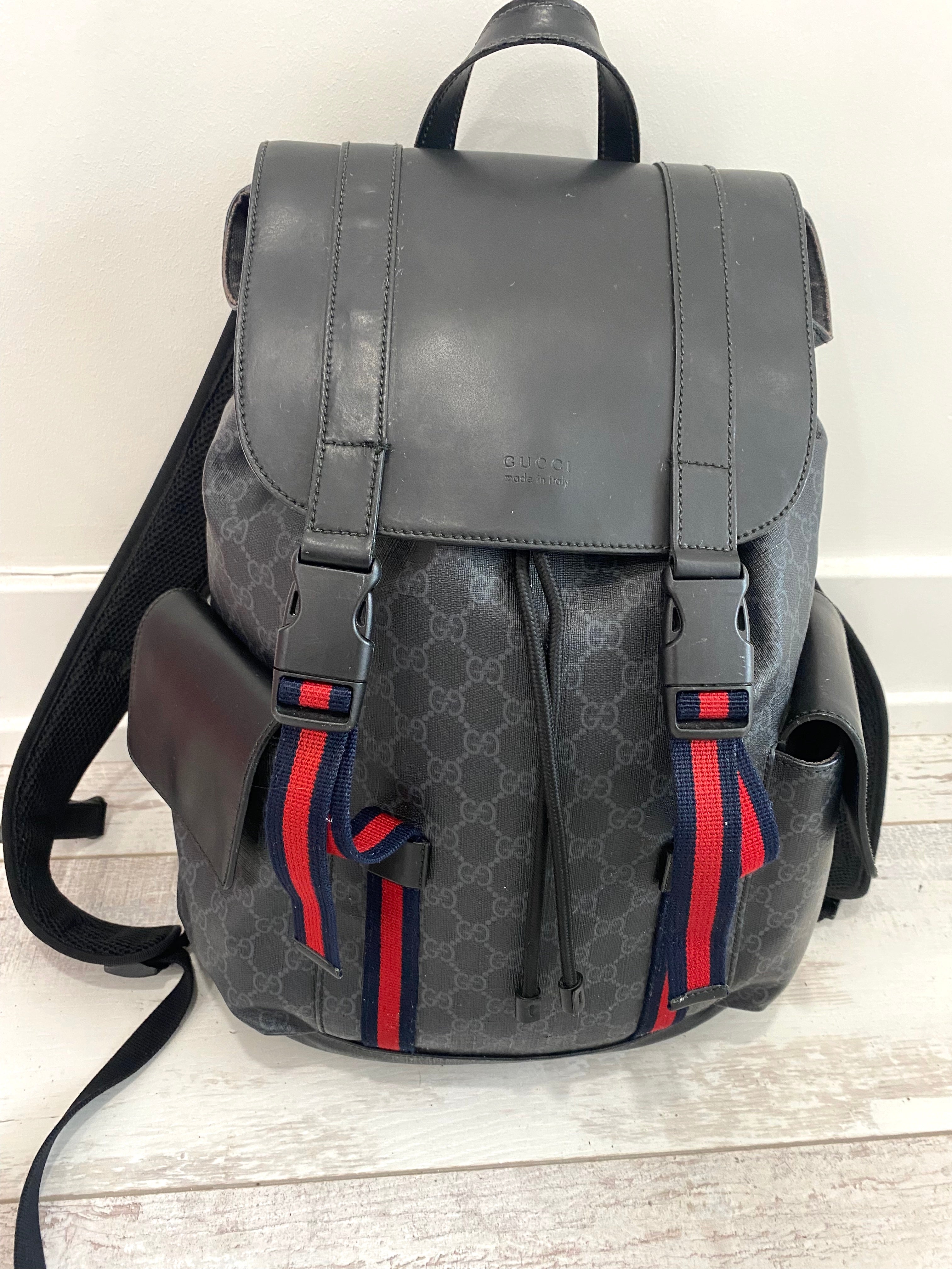 GUCCI GG SUPREME MONOGRAM CALFSKIN WEB DOUBLE BUCKLE BACKPACK