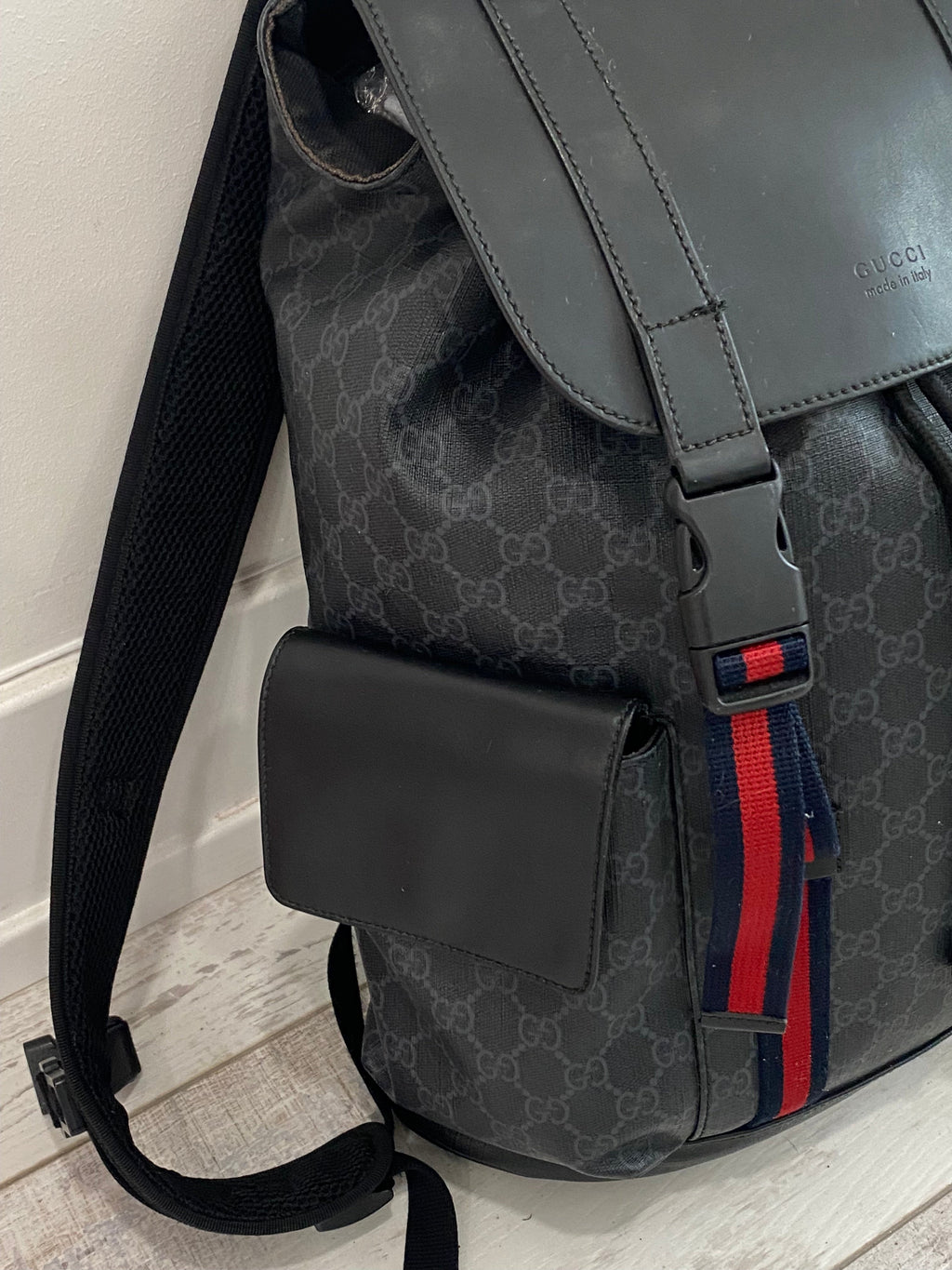 GUCCI GG SUPREME MONOGRAM CALFSKIN WEB DOUBLE BUCKLE BACKPACK