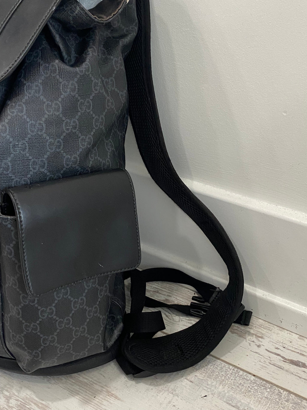 GUCCI GG SUPREME MONOGRAM CALFSKIN WEB DOUBLE BUCKLE BACKPACK