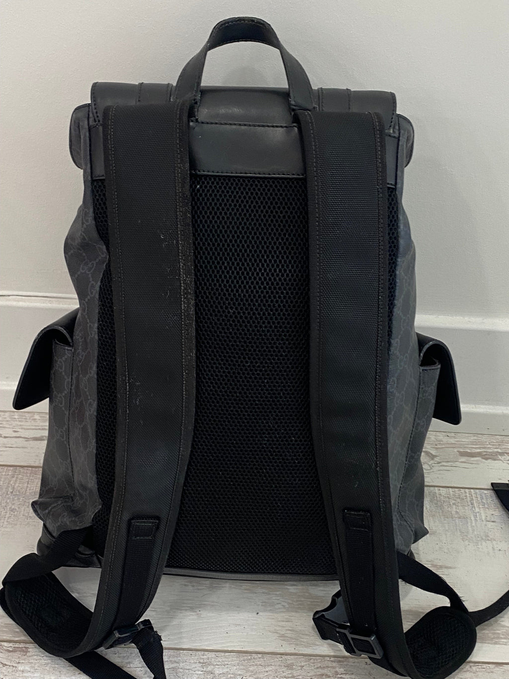 GUCCI GG SUPREME MONOGRAM CALFSKIN WEB DOUBLE BUCKLE BACKPACK
