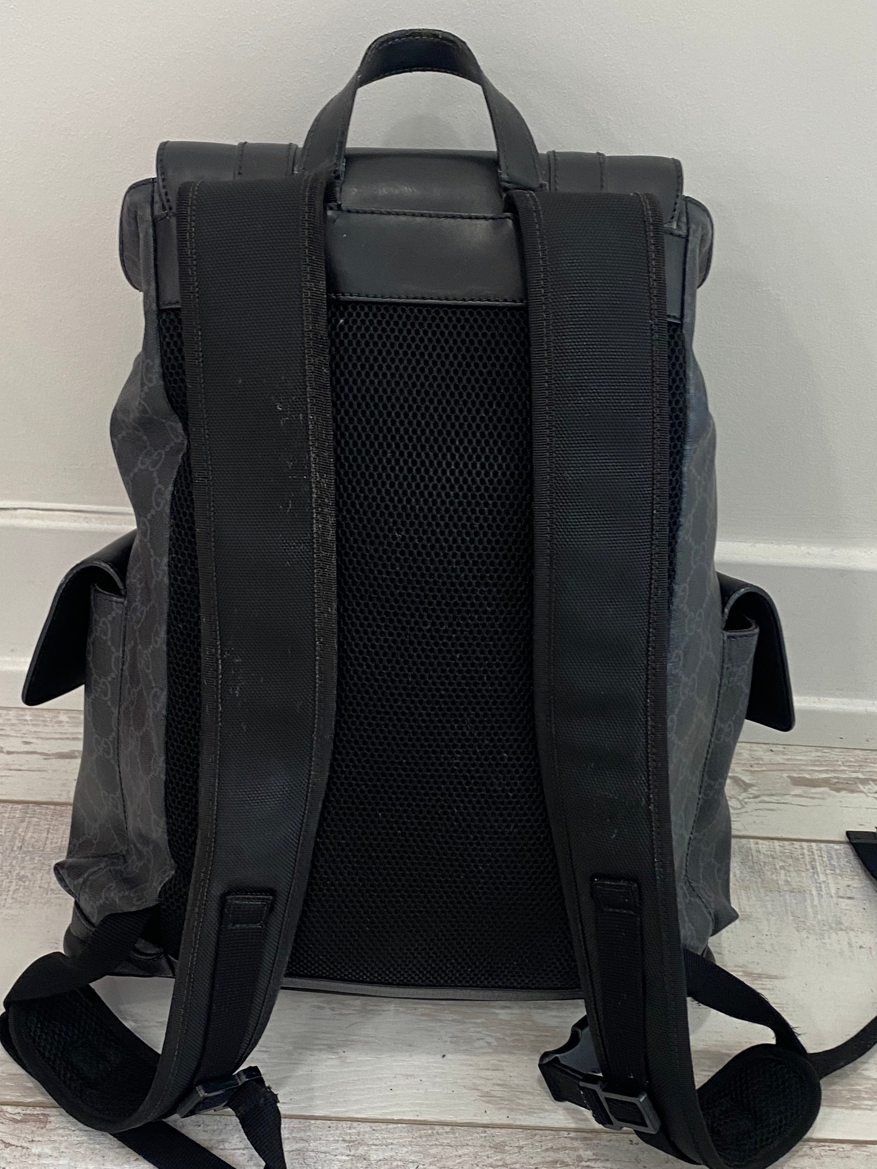 GUCCI GG SUPREME MONOGRAM CALFSKIN WEB DOUBLE BUCKLE BACKPACK