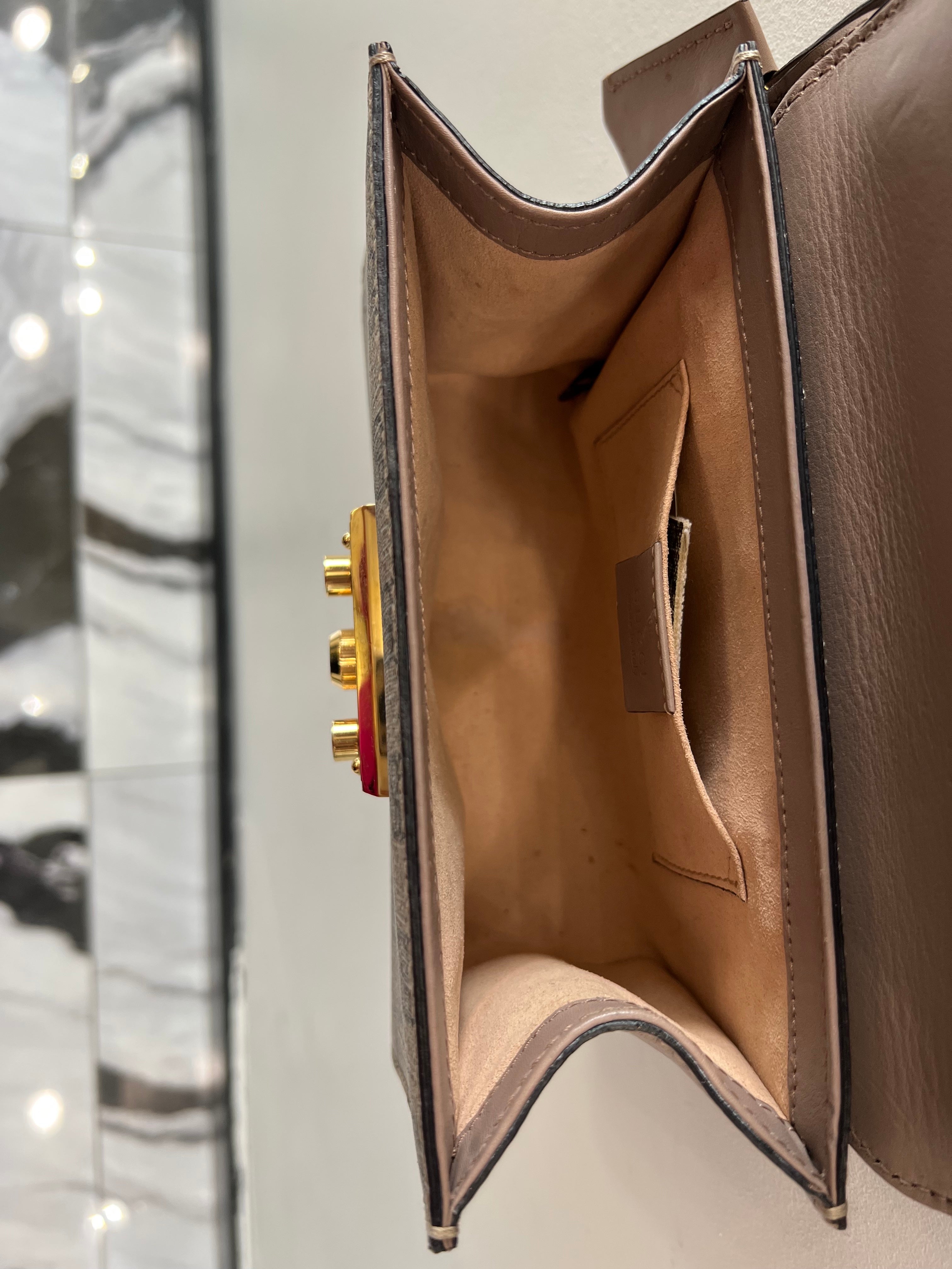 GUCCI GG SUPREME MONOGRAM STUDDED SMALL PADLOCK SHOULDER BAG