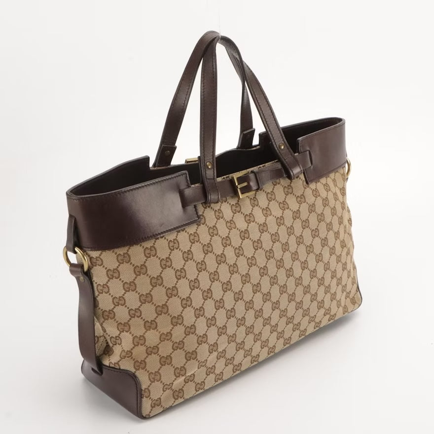 GUCCI GG CANVAS LEATHER TRIM VINTAGE BELTED TOTE BAG