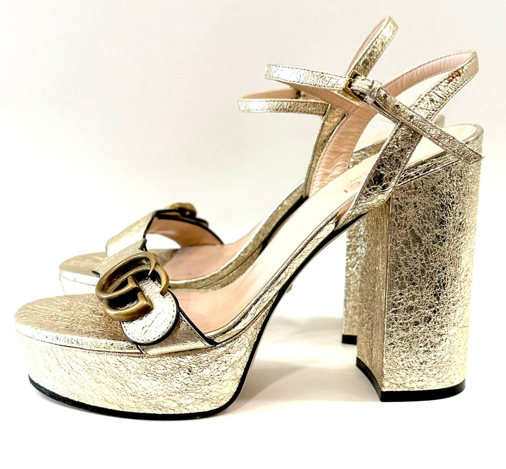 GUCCI GALASSIA GG MARMONT METALLIC CALFSKIN PLATRORM SANDALS