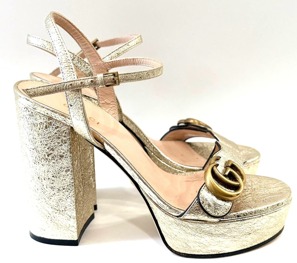 GUCCI GALASSIA GG MARMONT METALLIC CALFSKIN PLATRORM SANDALS